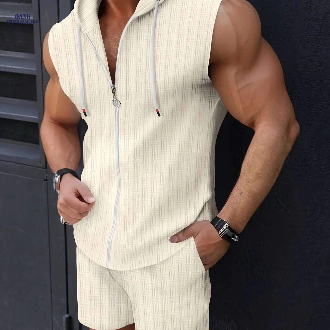Men's Sleeveless Hooded Set - Casual Zipper Sweater & Shorts   OAXG Sky Blue / S