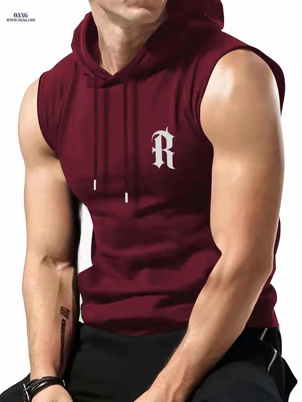 Men’s Sleeveless Hooded Vest - Casual Maroon Athletic Top for Summer   OAXG Black / S