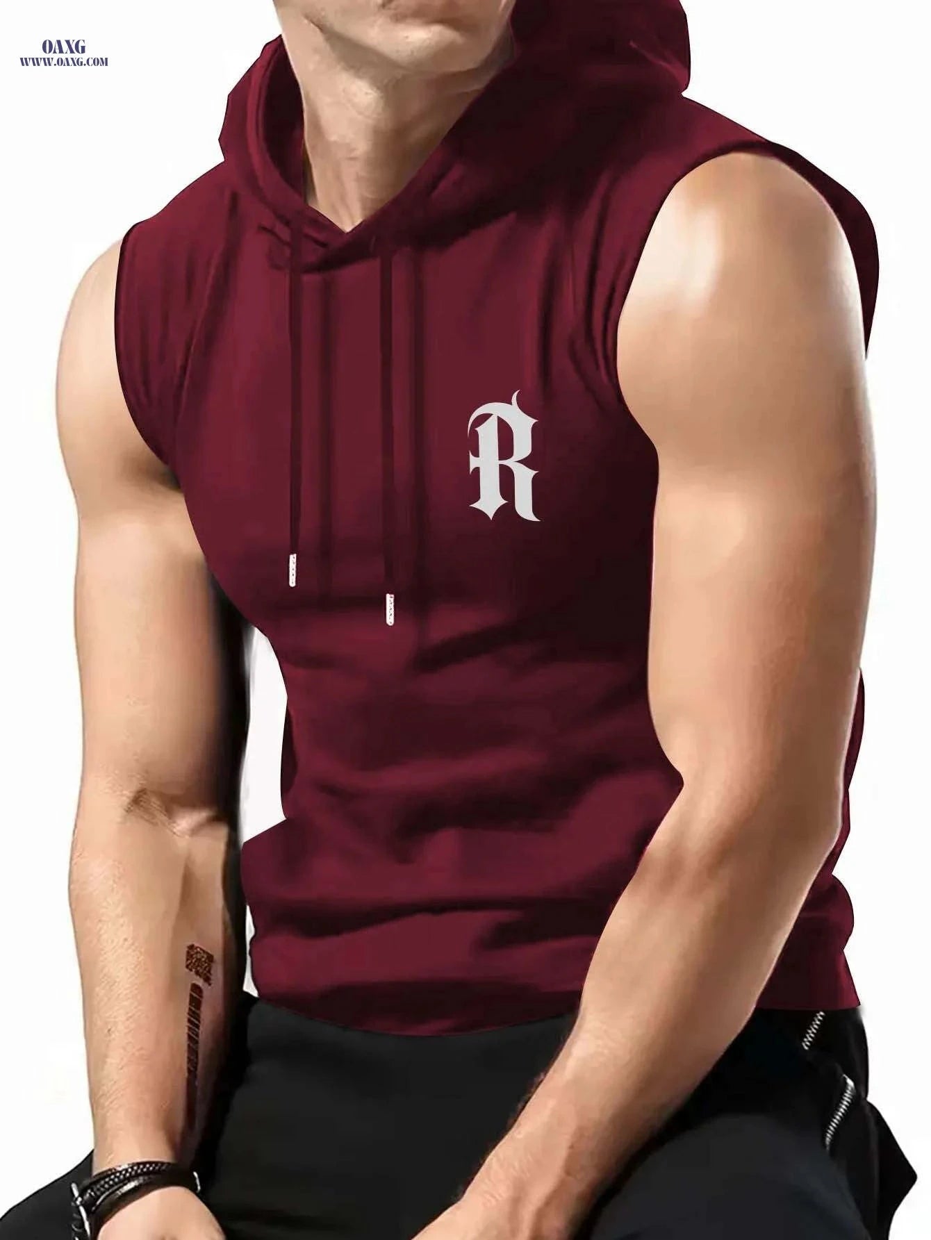 Men’s Sleeveless Hooded Vest - Casual Maroon Athletic Top for Summer   OAXG Black / S