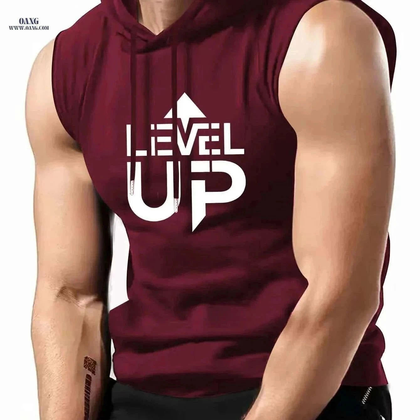 Men's Sleeveless Hoodie "LEVEL UP" - Casual Summer Activewear Green   OAXG Black / S