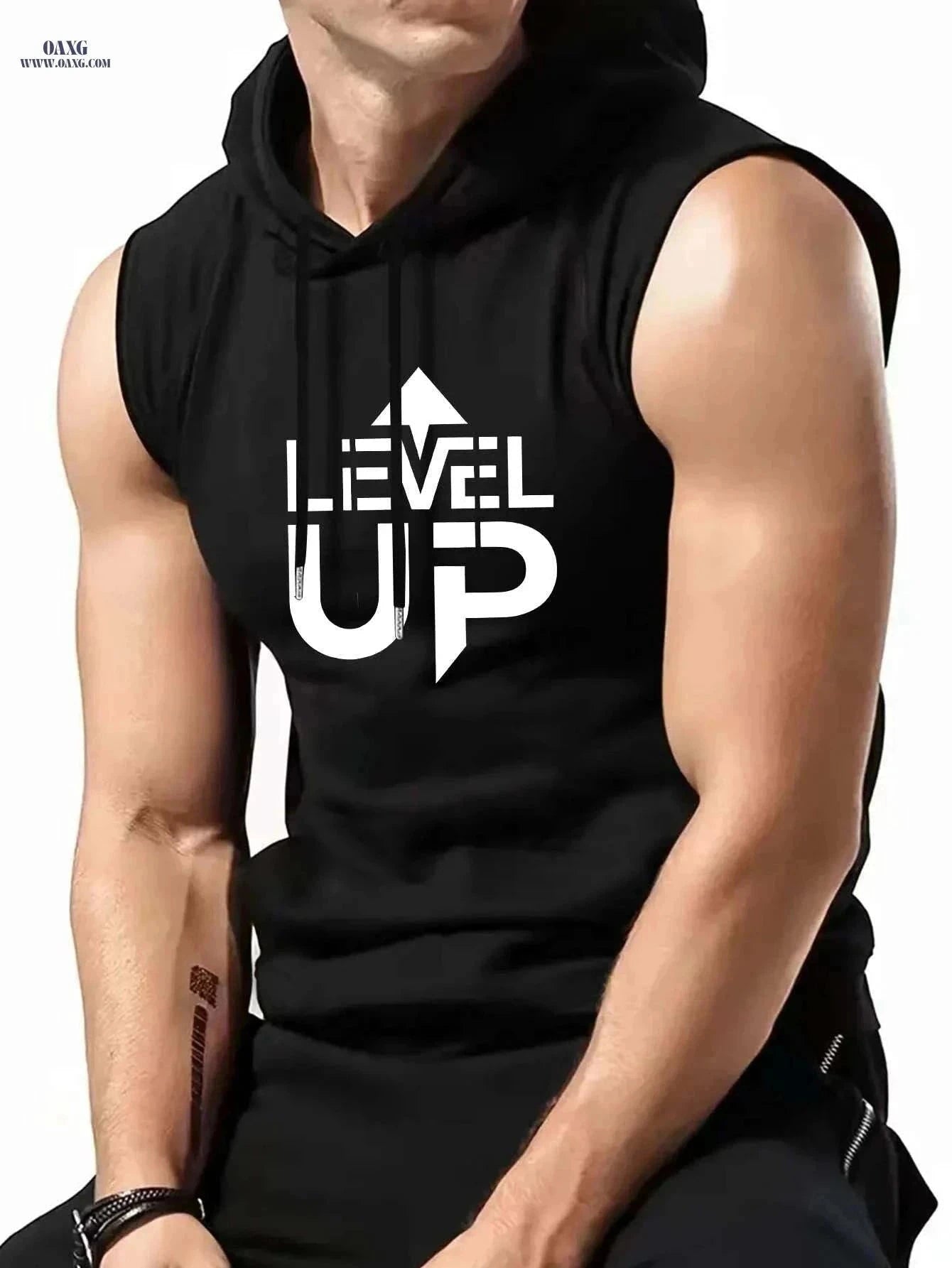 Men's Sleeveless Hoodie "LEVEL UP" - Casual Summer Activewear Green   OAXG Black / S