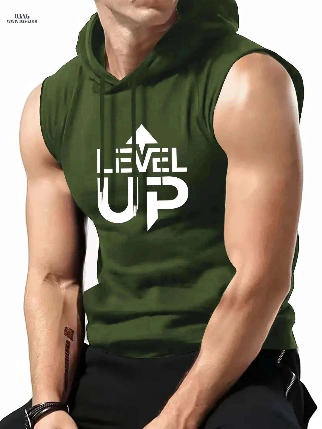 Men's Sleeveless Hoodie "LEVEL UP" - Casual Summer Activewear Green   OAXG Black / S