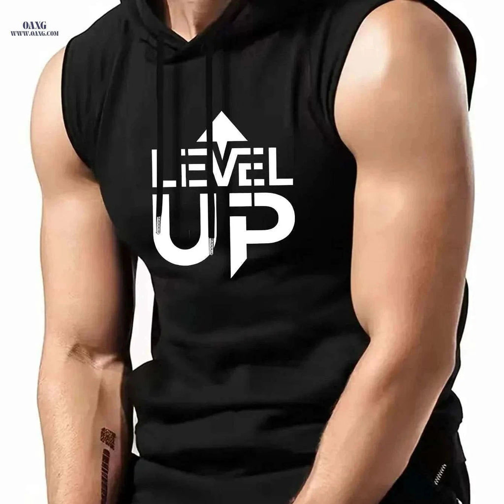 Men's Sleeveless Hoodie "LEVEL UP" - Casual Summer Activewear Green   OAXG Black / S