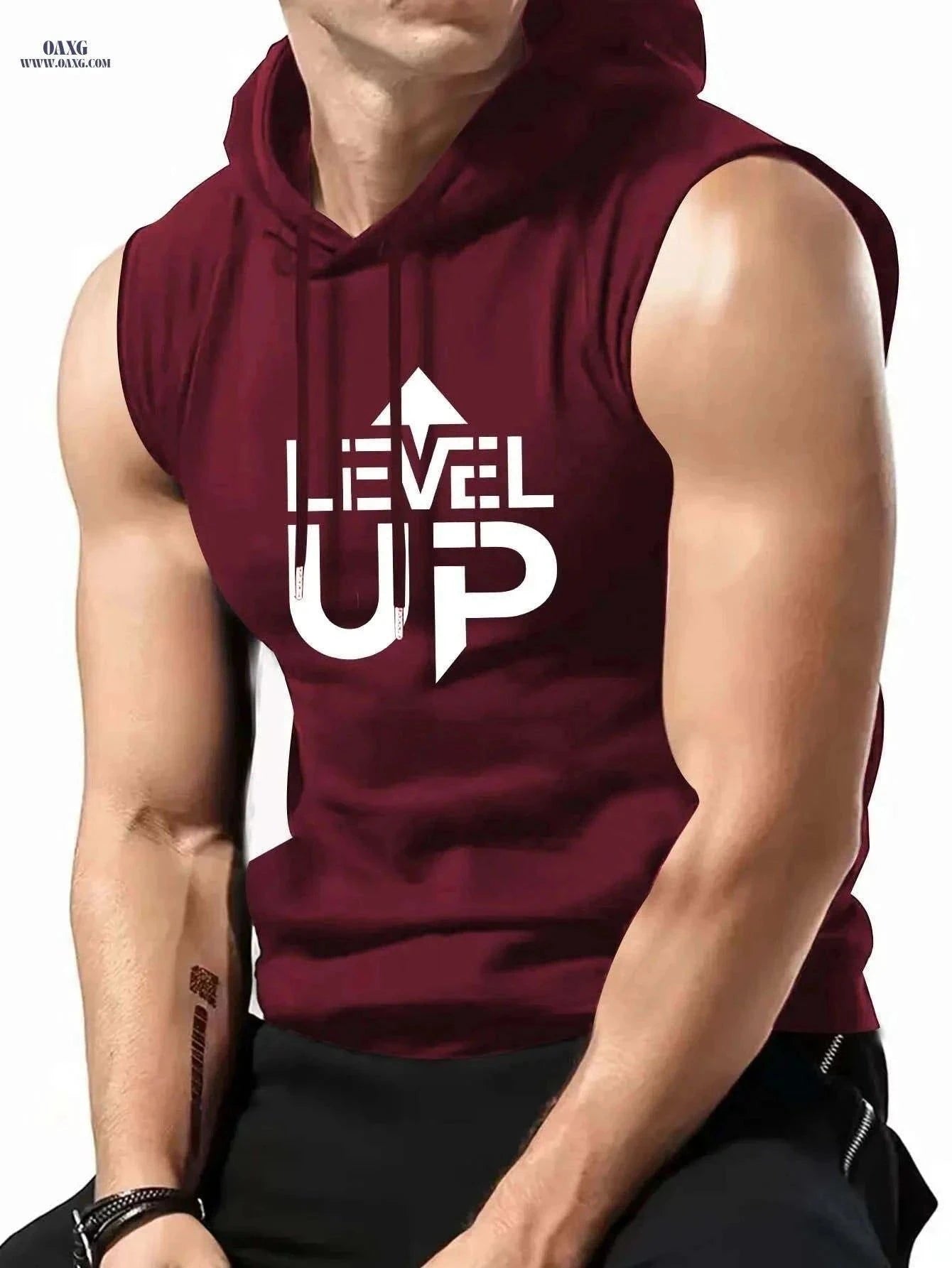 Men's Sleeveless Hoodie "LEVEL UP" - Casual Summer Activewear Green   OAXG Black / S