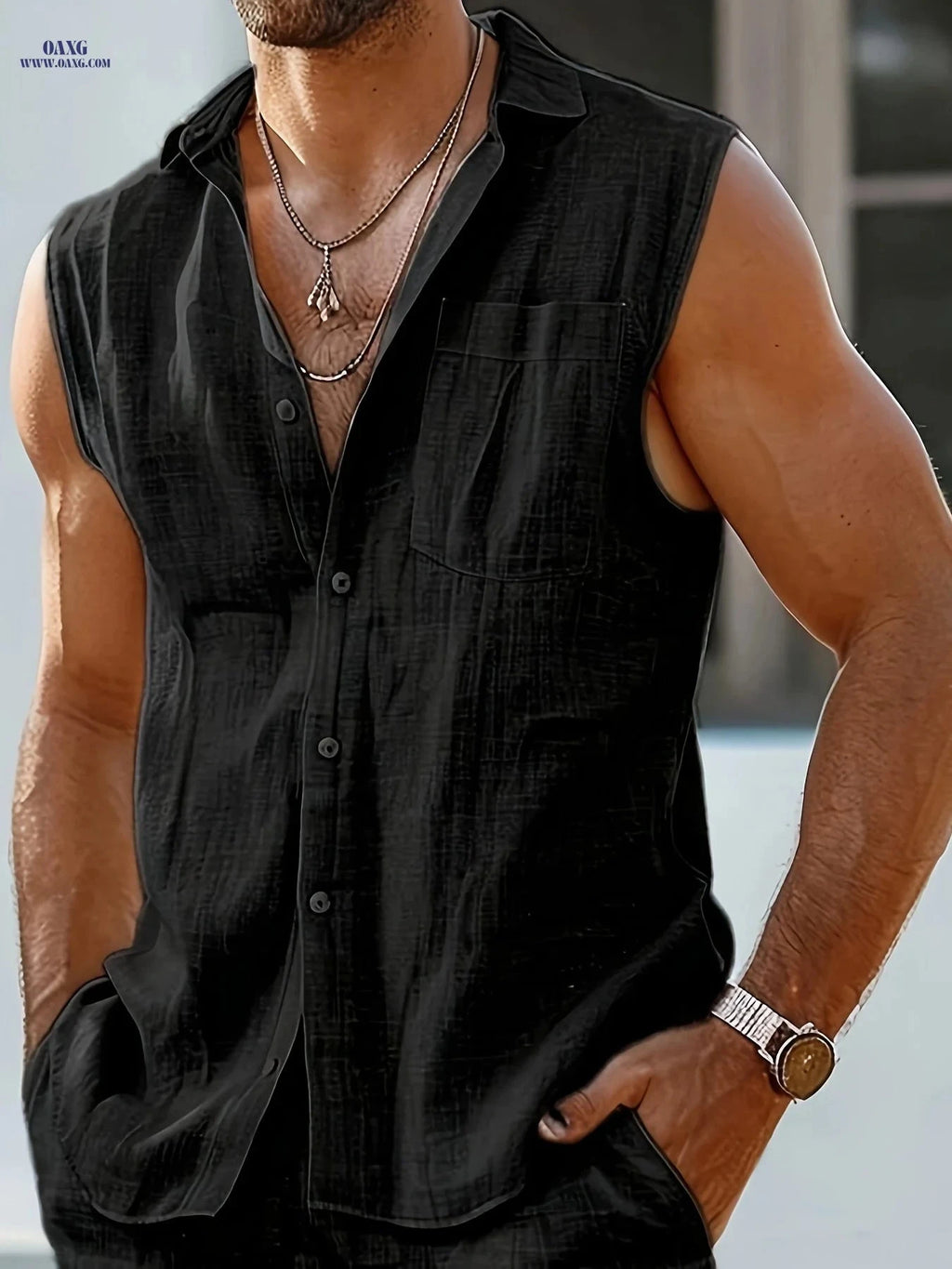 Men’s Sleeveless Shirt - Solid Color Casual Beach Style for Summer   OAXG 