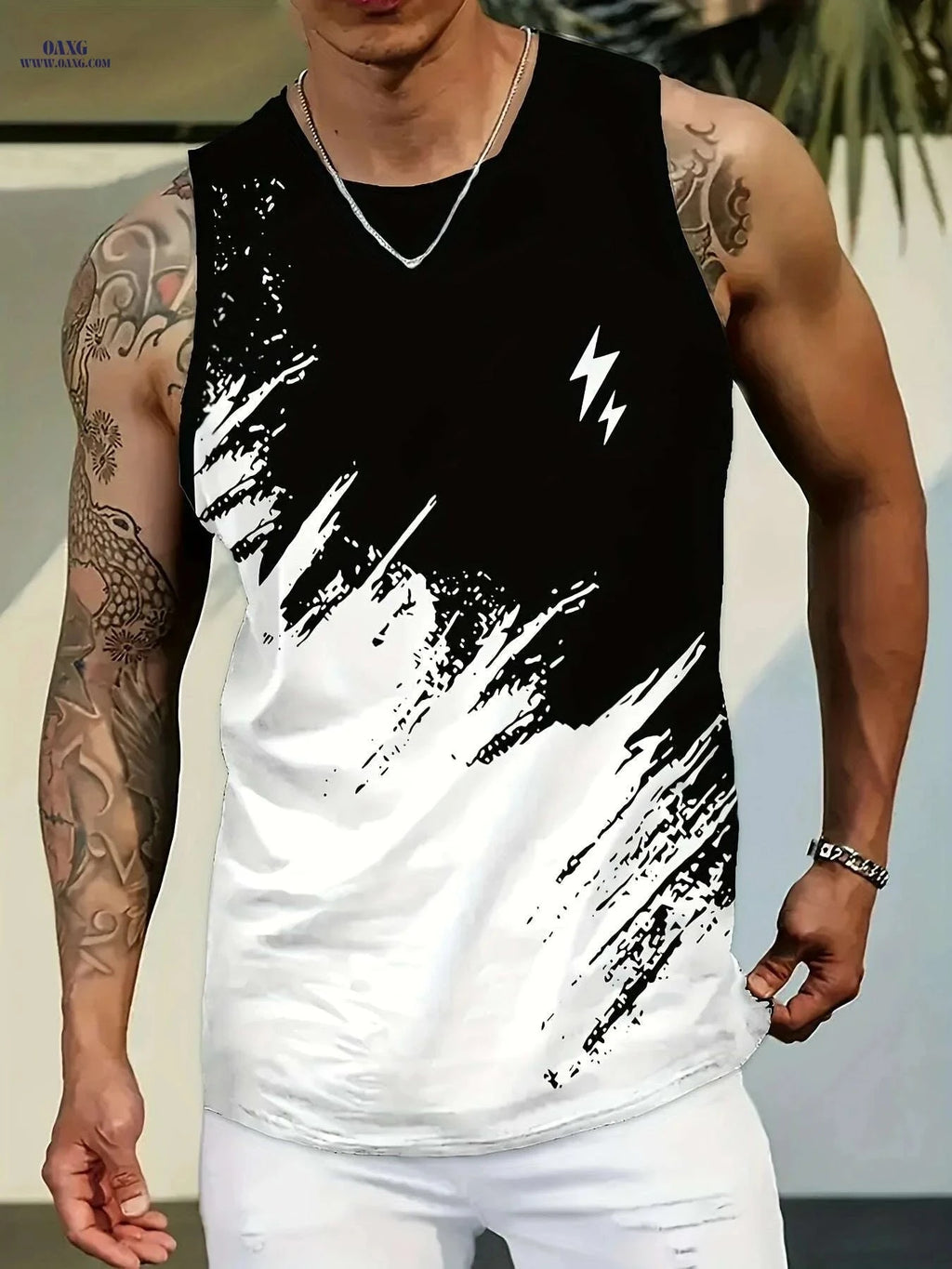 Men's Sleeveless Tank Top - Black & White Print, Lightweight Athletic Vest   OAXG Mixed Color / S