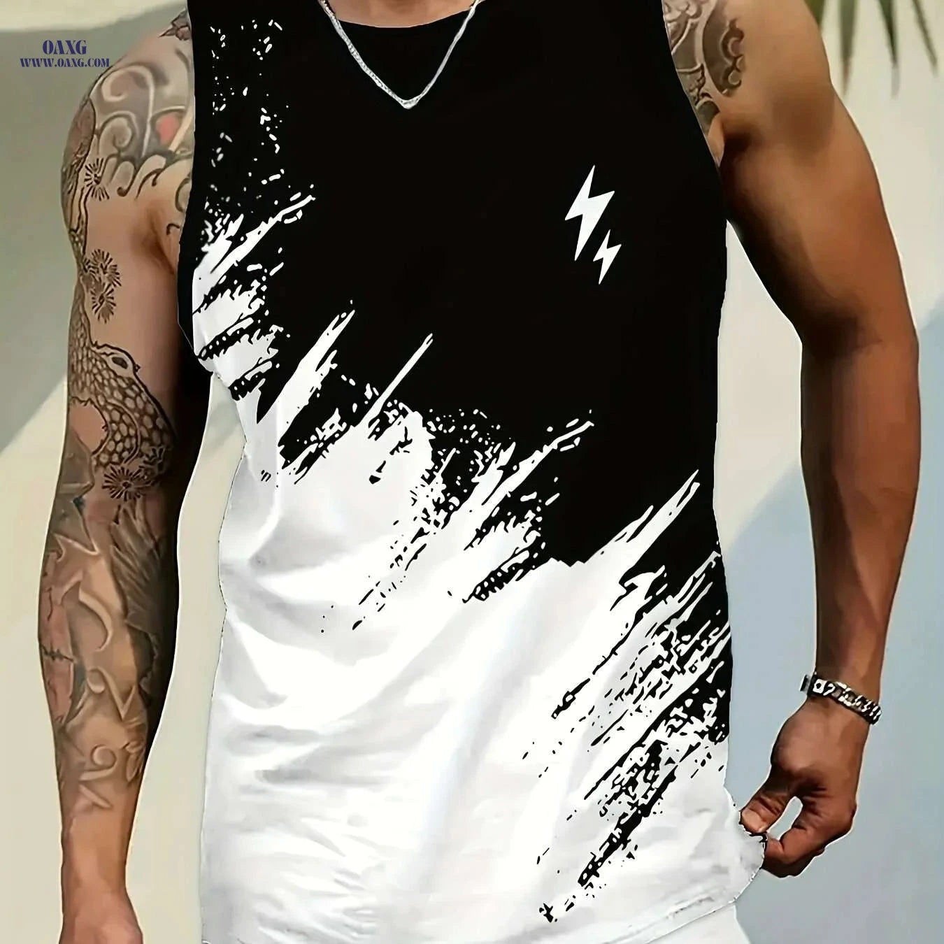 Men's Sleeveless Tank Top - Black & White Print, Lightweight Athletic Vest   OAXG Mixed Color / S