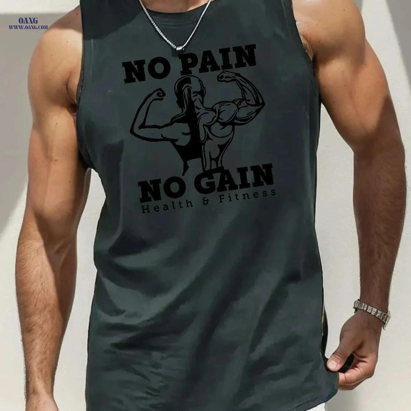 Men's Sleeveless Tank Top - 'NO PAIN NO GAIN' Gym Workout Shirt   OAXG Slate Gray-style1 / S
