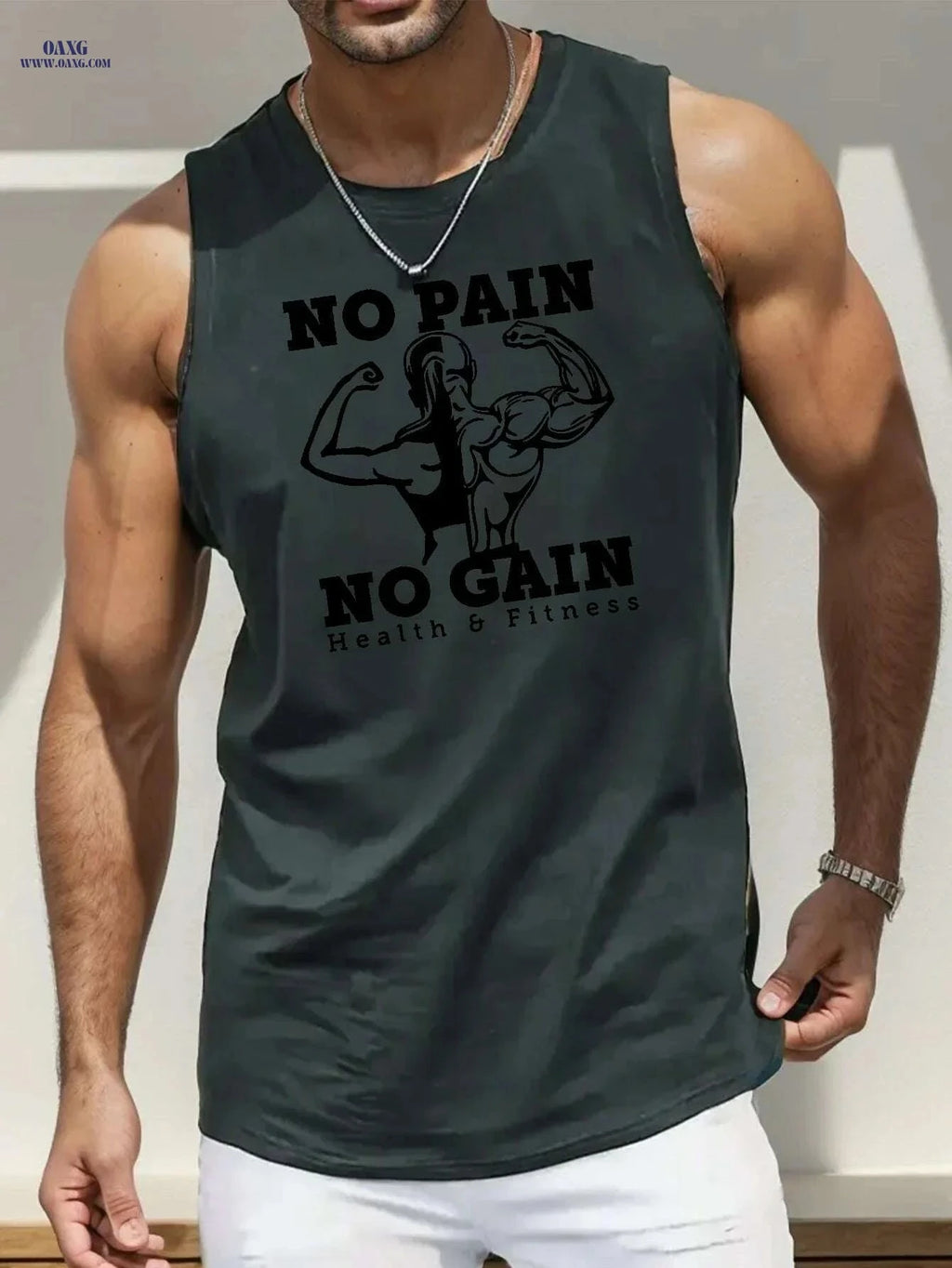 Men's Sleeveless Tank Top - 'NO PAIN NO GAIN' Gym Workout Shirt   OAXG Slate Gray-style1 / S