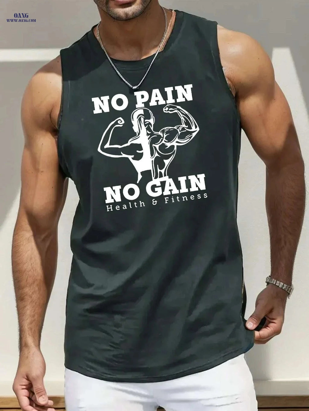 Men's Sleeveless Tank Top - 'NO PAIN NO GAIN' Gym Workout Shirt   OAXG Slate Gray-style1 / S