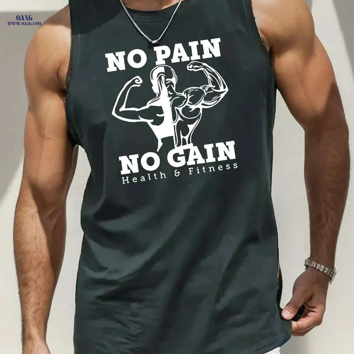 Men's Sleeveless Tank Top - 'NO PAIN NO GAIN' Gym Workout Shirt   OAXG Slate Gray-style1 / S