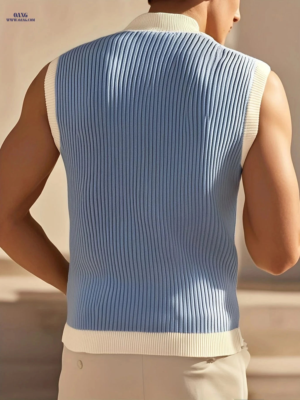 Men’s Sleeveless Zipper Knit Top - Casual V-neck, Vertical Stripes   OAXG 