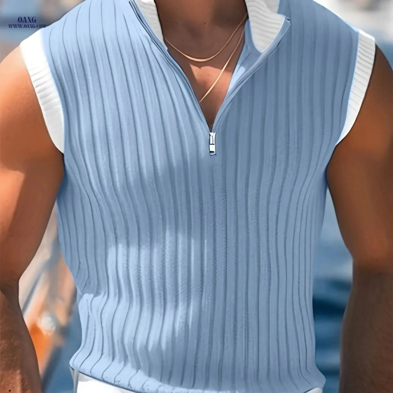 Men’s Sleeveless Zipper Knit Top - Casual V-neck, Vertical Stripes   OAXG Sky Blue / FR S