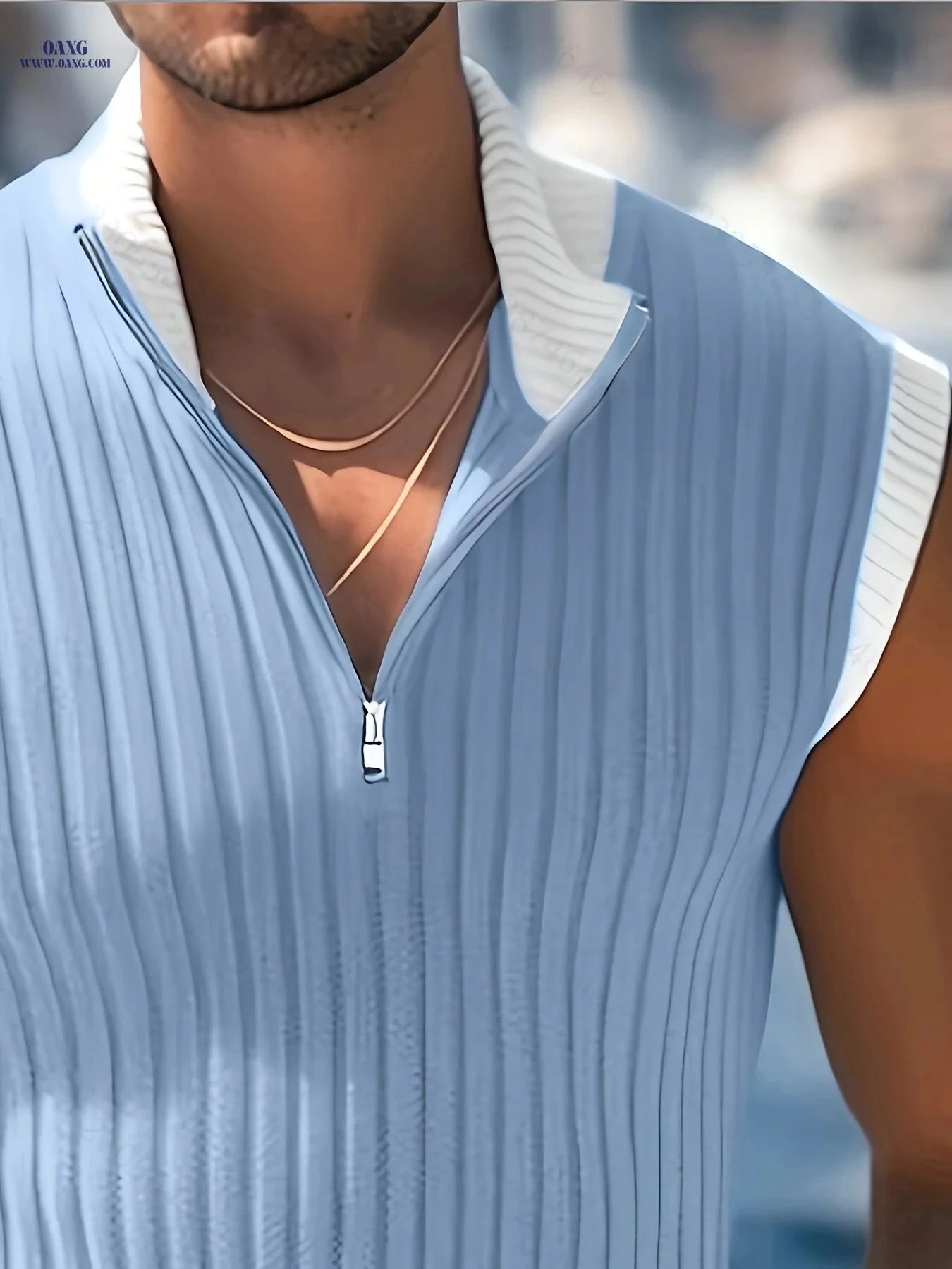 Men’s Sleeveless Zipper Knit Top - Casual V-neck, Vertical Stripes   OAXG Sky Blue / FR S