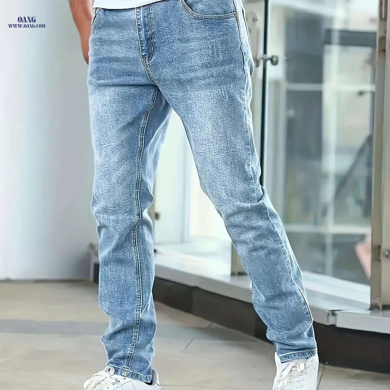 Men's Slim Blue Jeans - Elastic Denim Pants for All Seasons   OAXG 