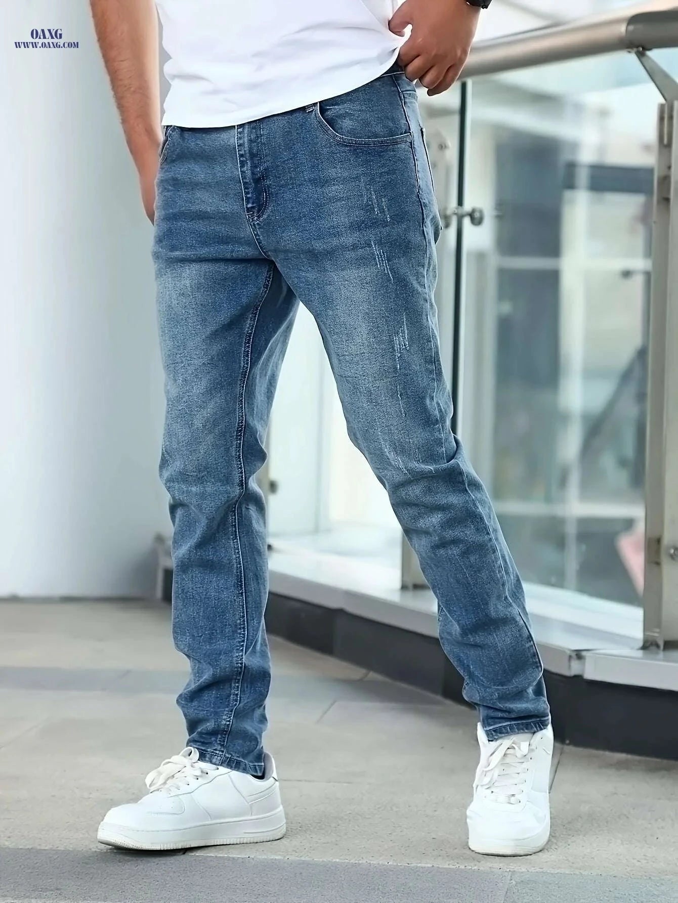 Men's Slim Blue Jeans - Elastic Denim Pants for All Seasons   OAXG Blue / S