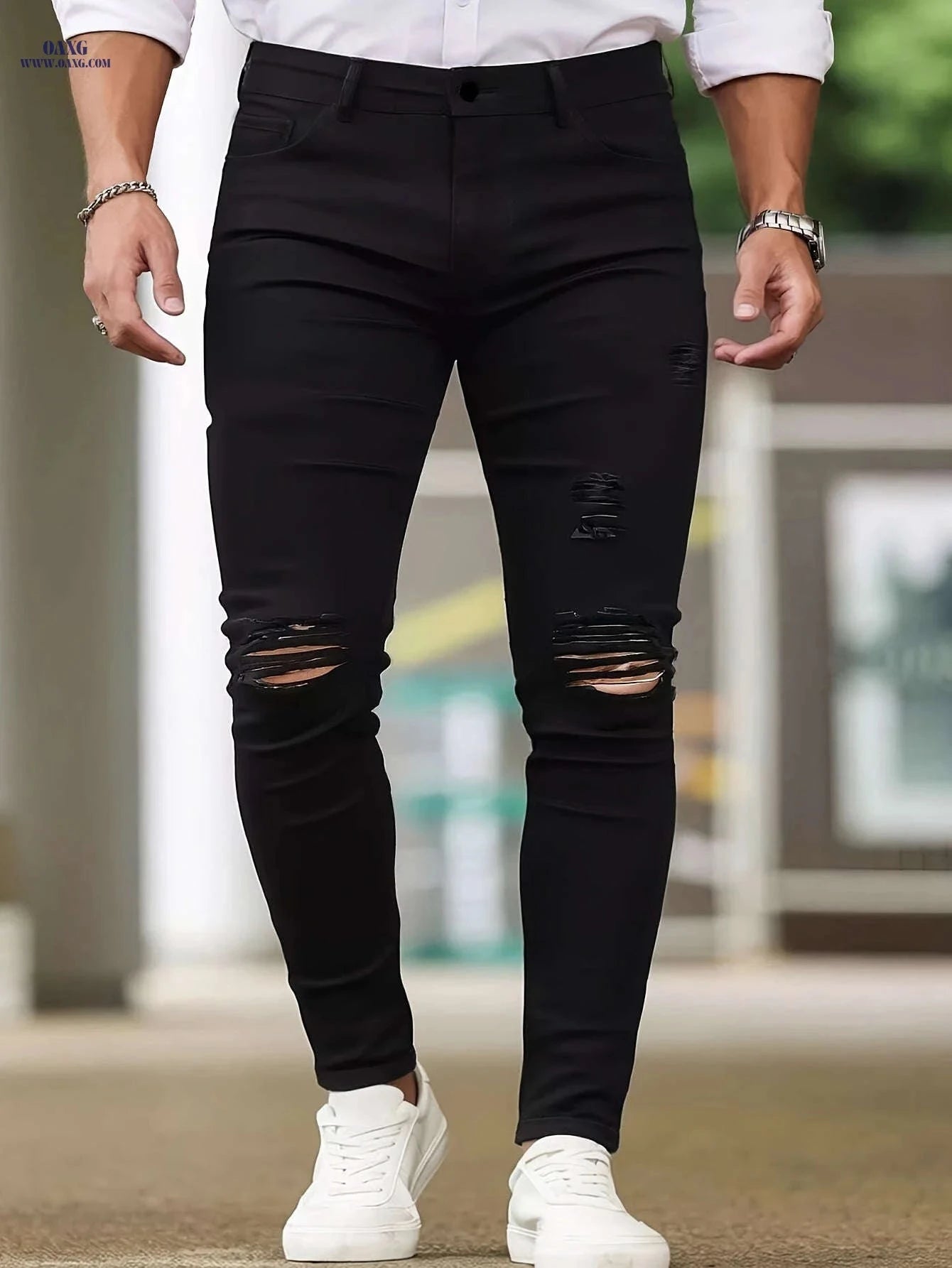 Men's Slim Elastic Ripped Jeans - All-Season Skinny Fit, Raw Wash   OAXG 