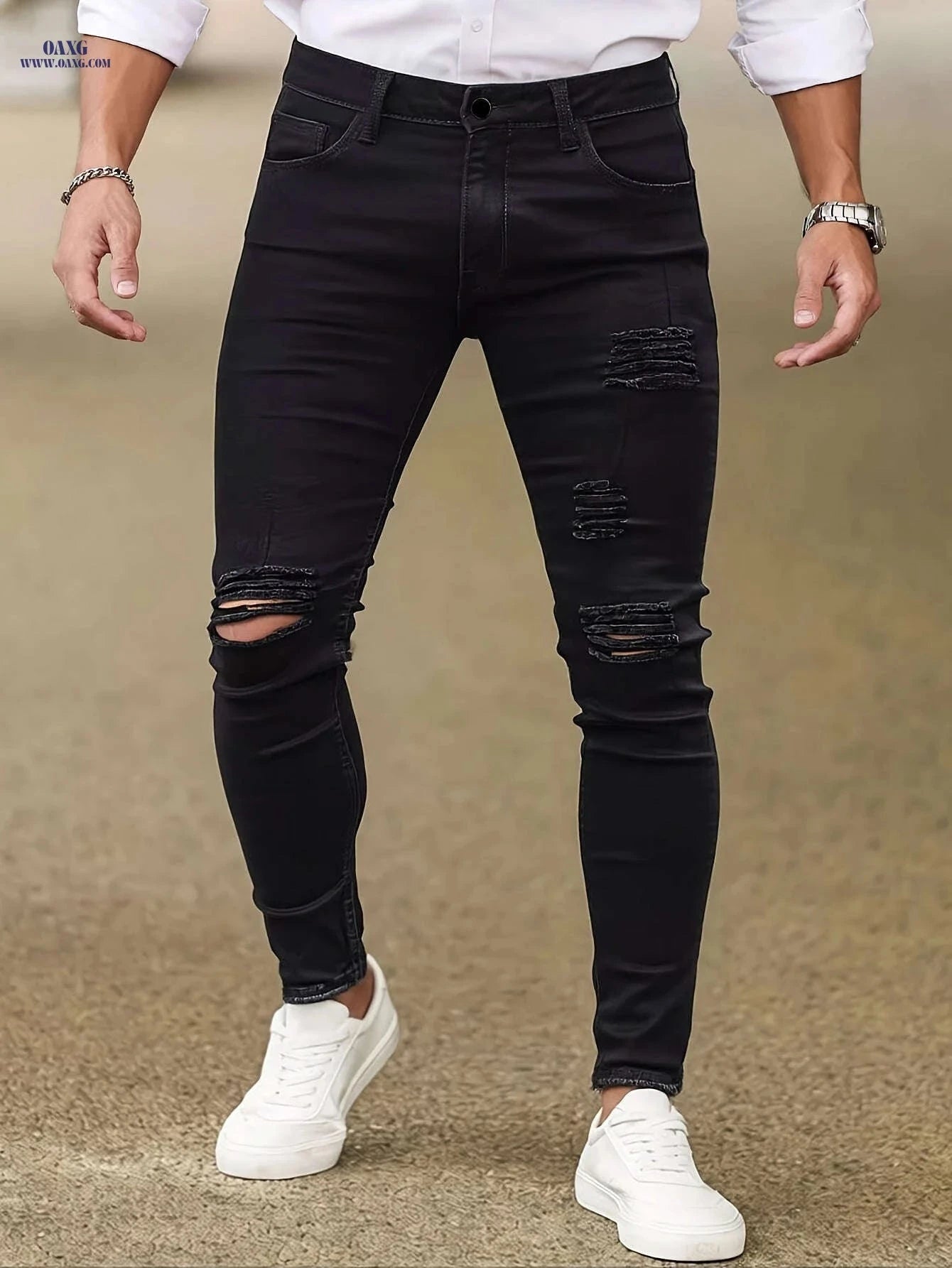Men's Slim Elastic Ripped Jeans - All-Season Skinny Fit, Raw Wash   OAXG Black / FR XS