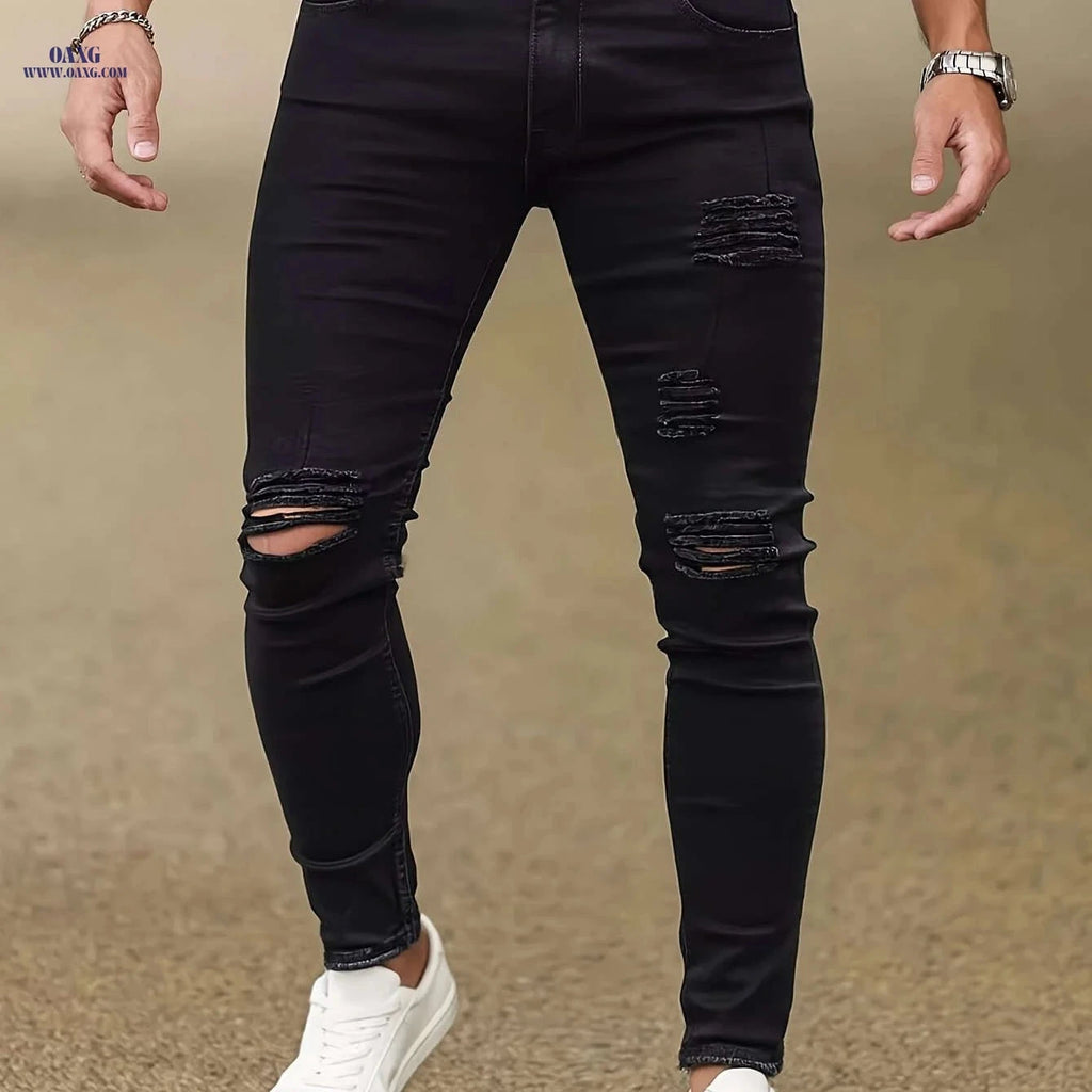 Men's Slim Elastic Ripped Jeans - All-Season Skinny Fit, Raw Wash   OAXG 