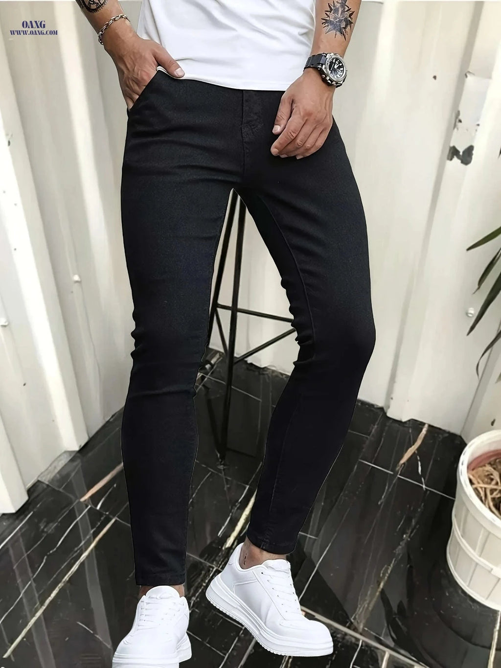 Men's Slim-Fit Black Jeans - Casual Stretch Denim Pants for All Seasons   OAXG 