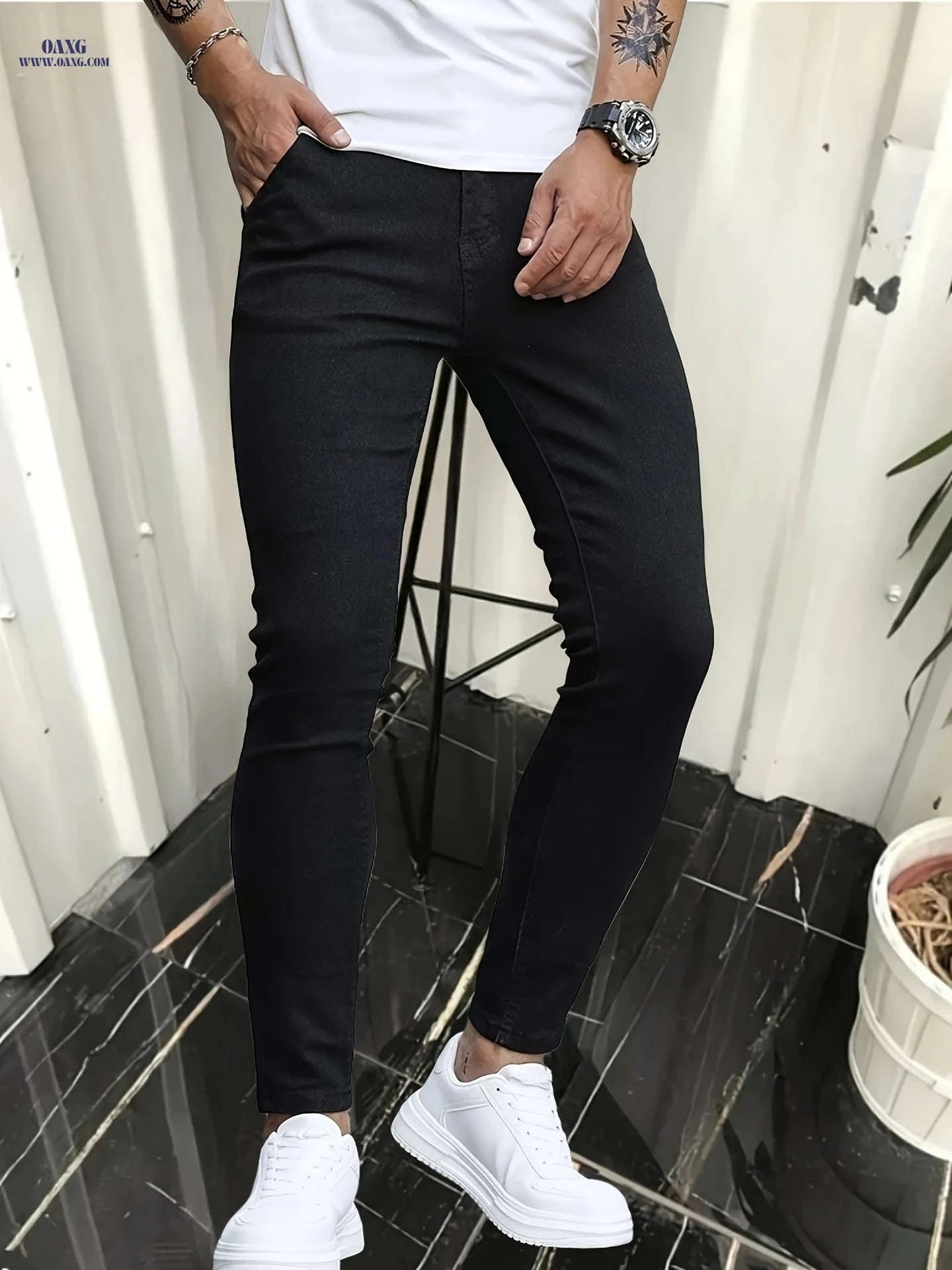 Men's Slim-Fit Black Jeans - Casual Stretch Denim Pants for All Seasons   OAXG 