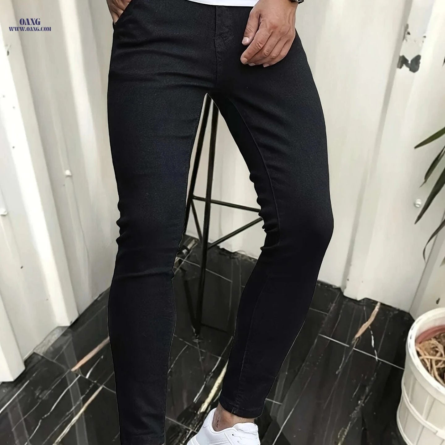 Men's Slim-Fit Black Jeans - Casual Stretch Denim Pants for All Seasons   OAXG Black ripped style / FR XXS
