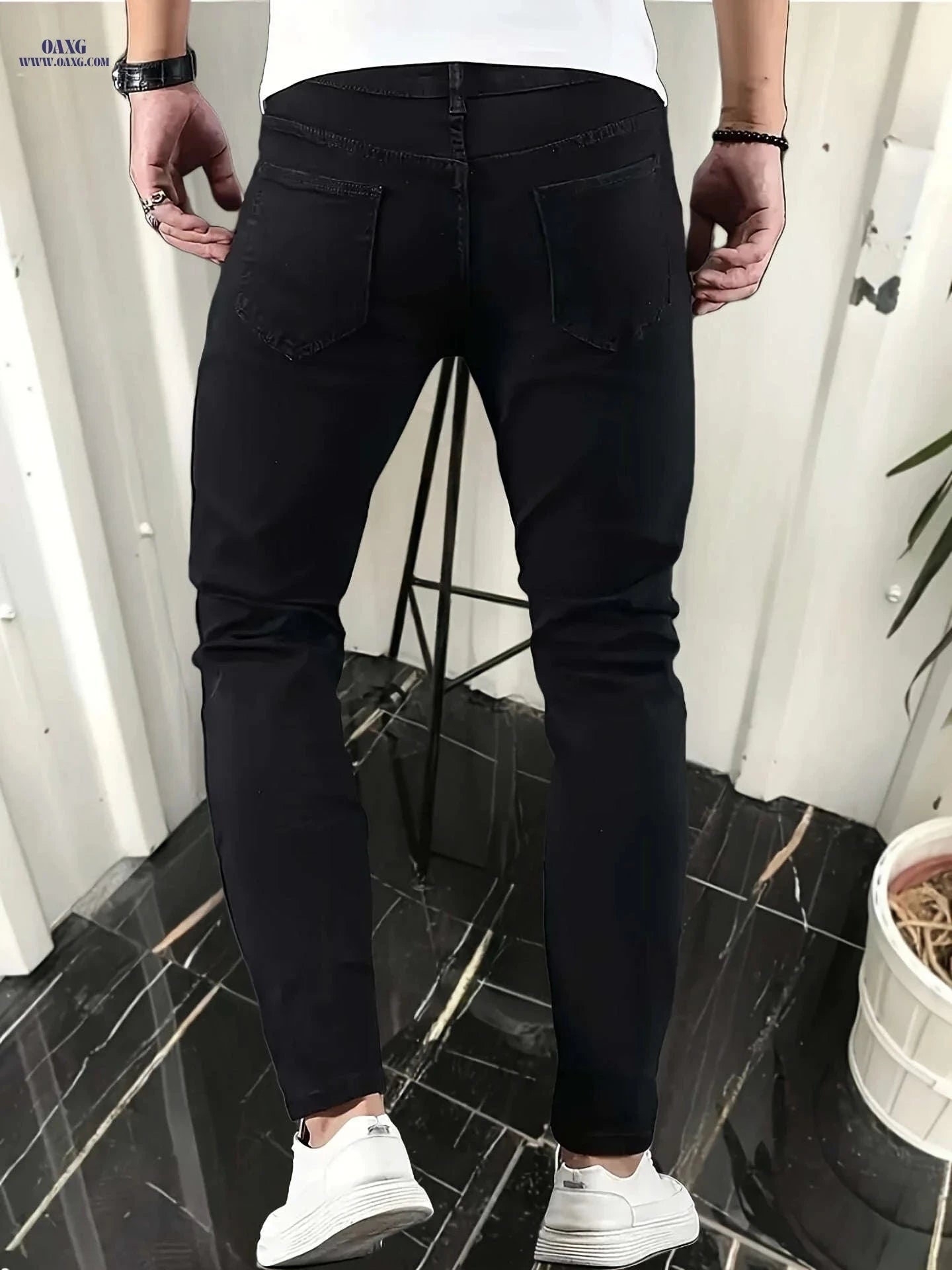 Men's Slim-Fit Black Jeans - Casual Stretch Denim Pants for All Seasons   OAXG Black ripped style / FR XXS