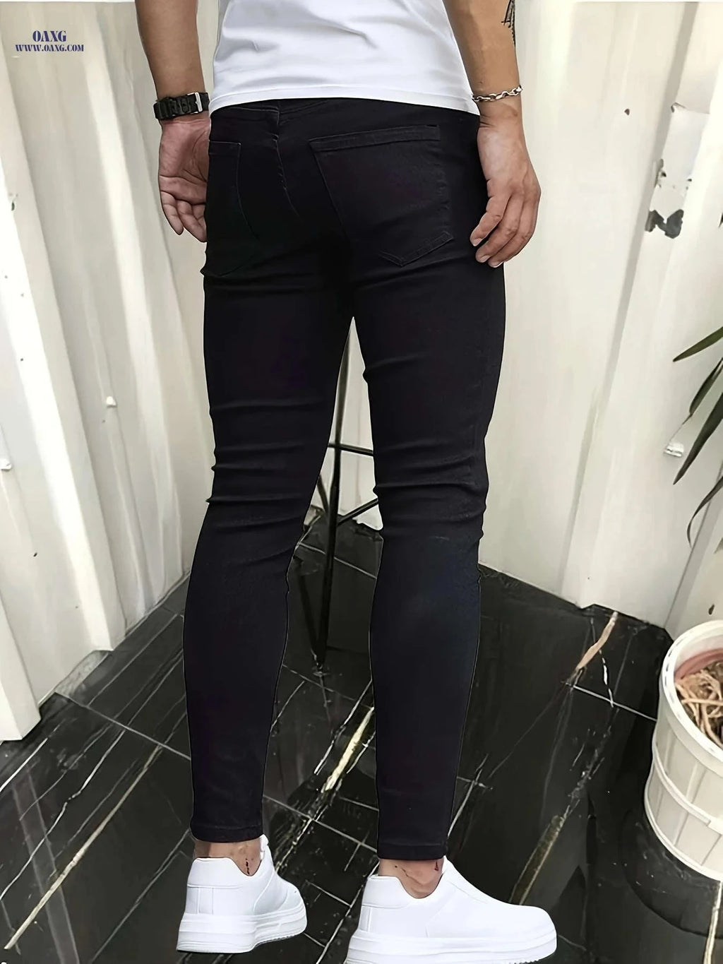 Men's Slim-Fit Black Jeans - Casual Stretch Denim Pants for All Seasons   OAXG Black ripped style / FR XXS