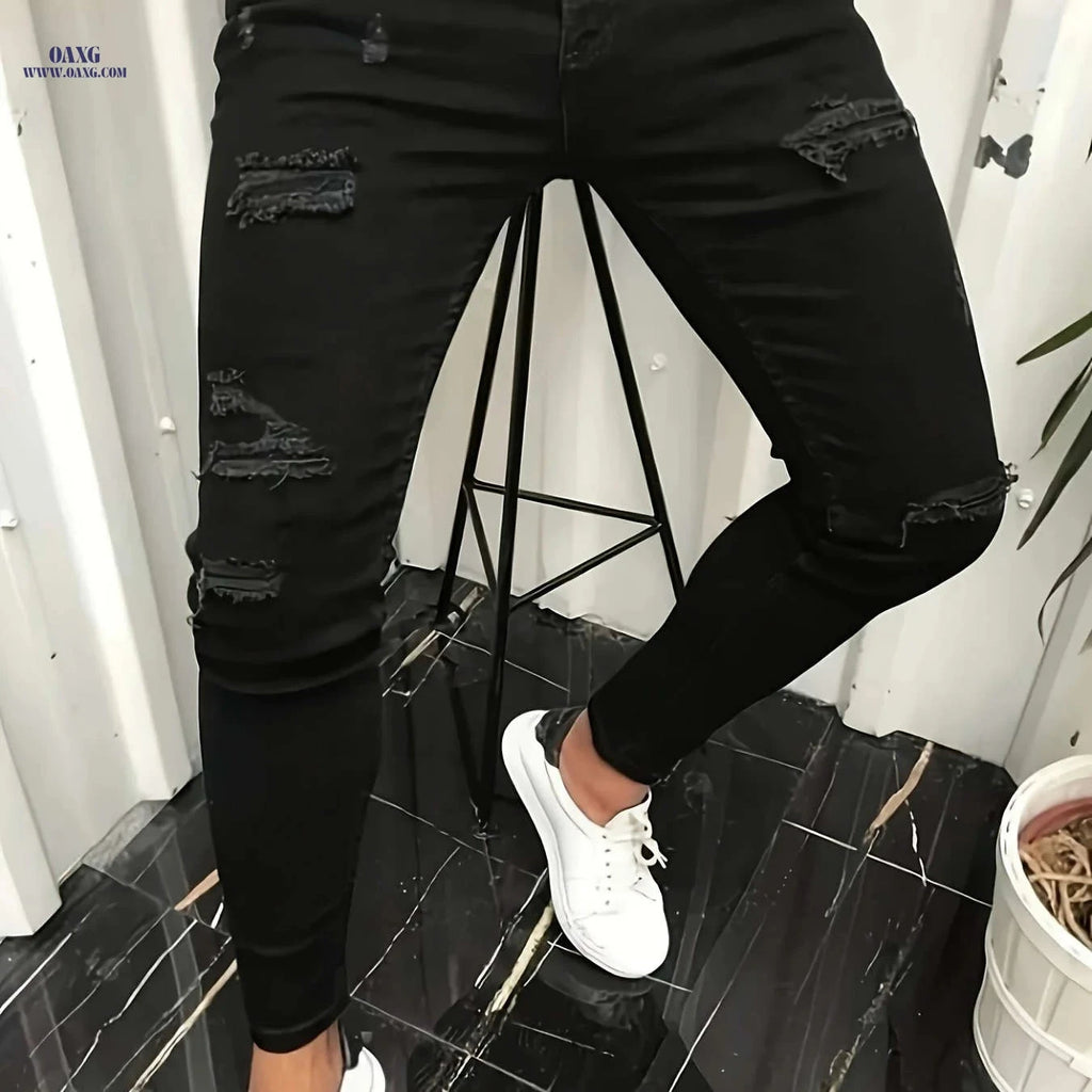 Men's Slim-Fit Black Jeans - Casual Stretch Denim Pants for All Seasons   OAXG 