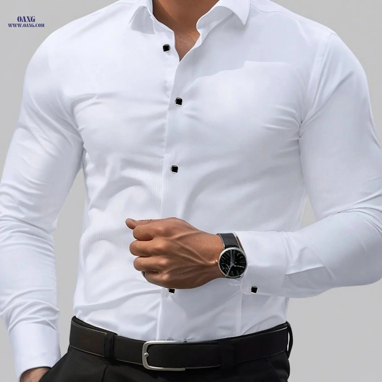Men's Slim-Fit Black Long Sleeve Shirt - Elegant Geometric Pattern   OAXG 