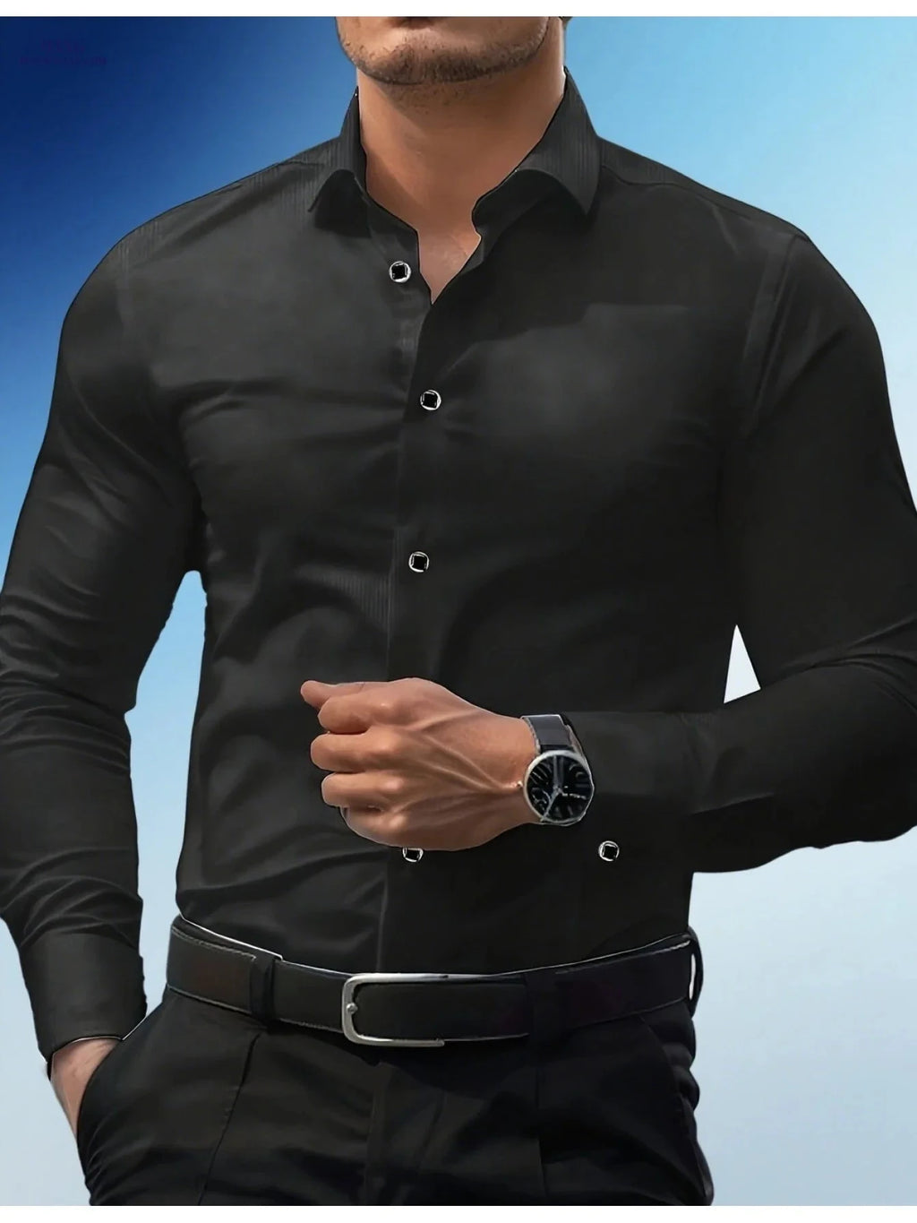 Men's Slim-Fit Black Long Sleeve Shirt - Elegant Geometric Pattern   OAXG 