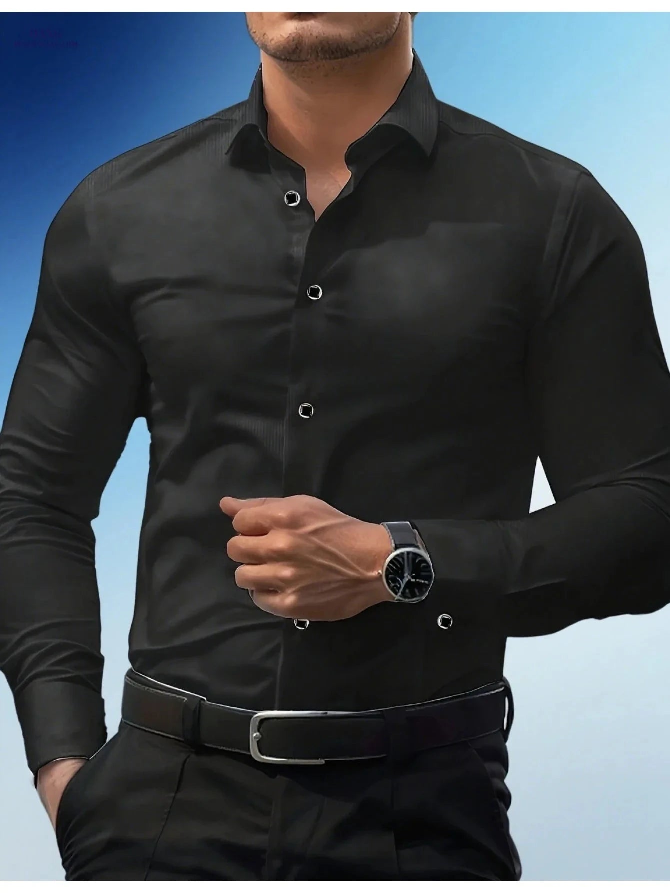 Men's Slim-Fit Black Long Sleeve Shirt - Elegant Geometric Pattern   OAXG 