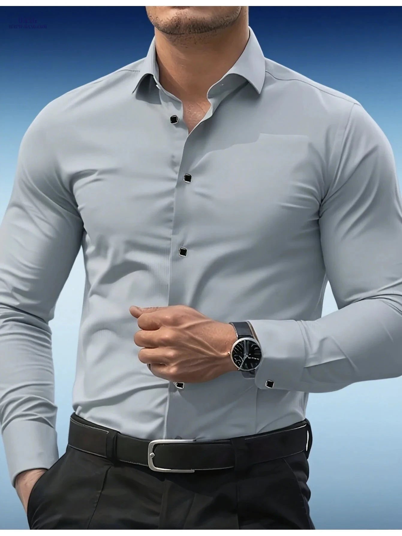 Men's Slim-Fit Black Long Sleeve Shirt - Elegant Geometric Pattern   OAXG Sky Blue / FR S