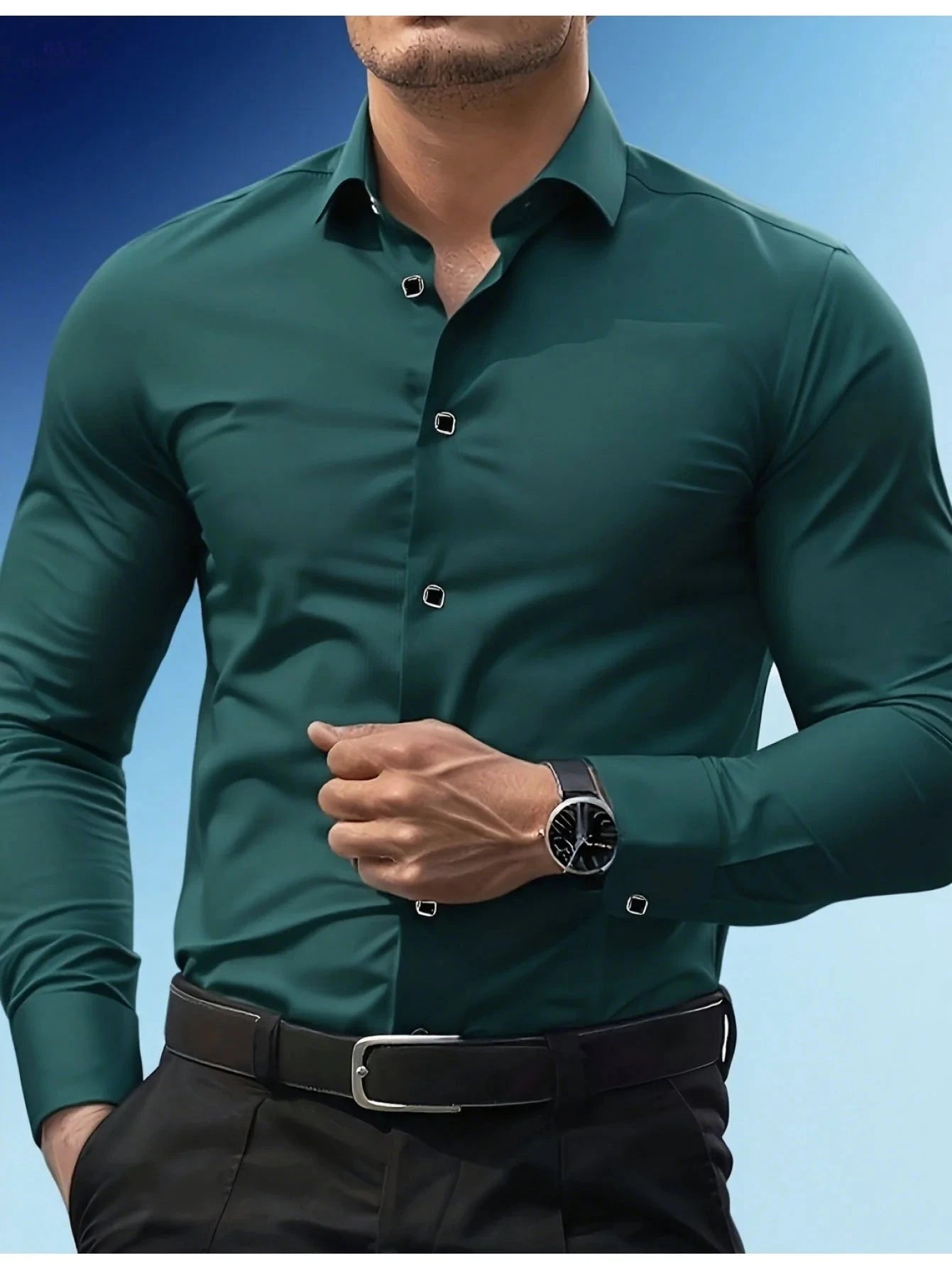 Men's Slim-Fit Black Long Sleeve Shirt - Elegant Geometric Pattern   OAXG Sky Blue / FR S