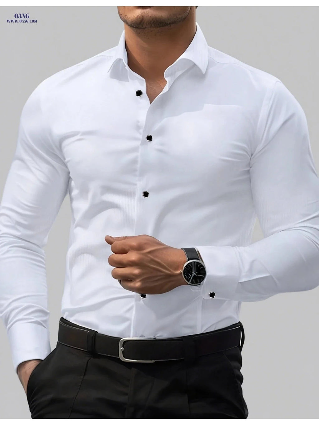 Men's Slim-Fit Black Long Sleeve Shirt - Elegant Geometric Pattern   OAXG Sky Blue / FR S