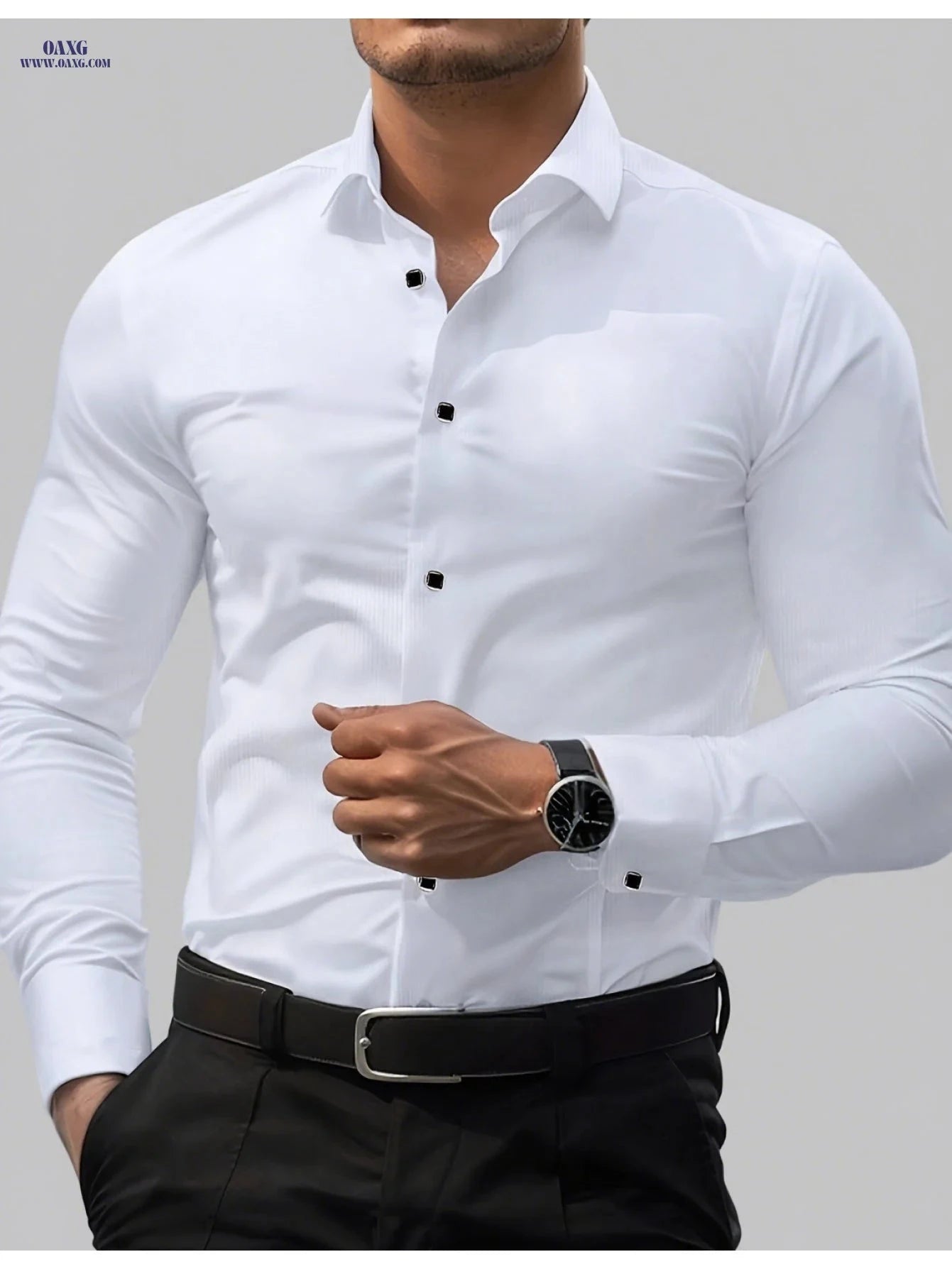 Men's Slim-Fit Black Long Sleeve Shirt - Elegant Geometric Pattern   OAXG Sky Blue / FR S