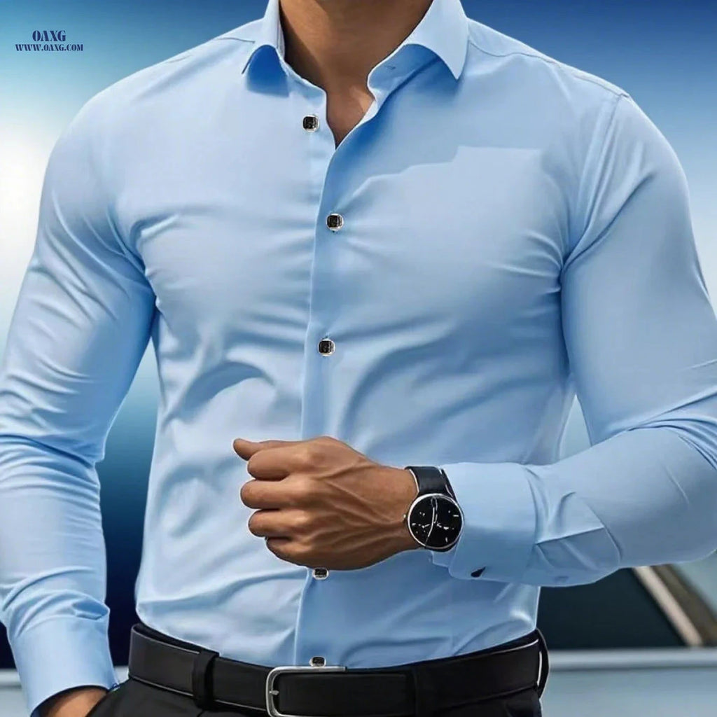 Men's Slim-Fit Black Long Sleeve Shirt - Elegant Geometric Pattern   OAXG Sky Blue / FR S