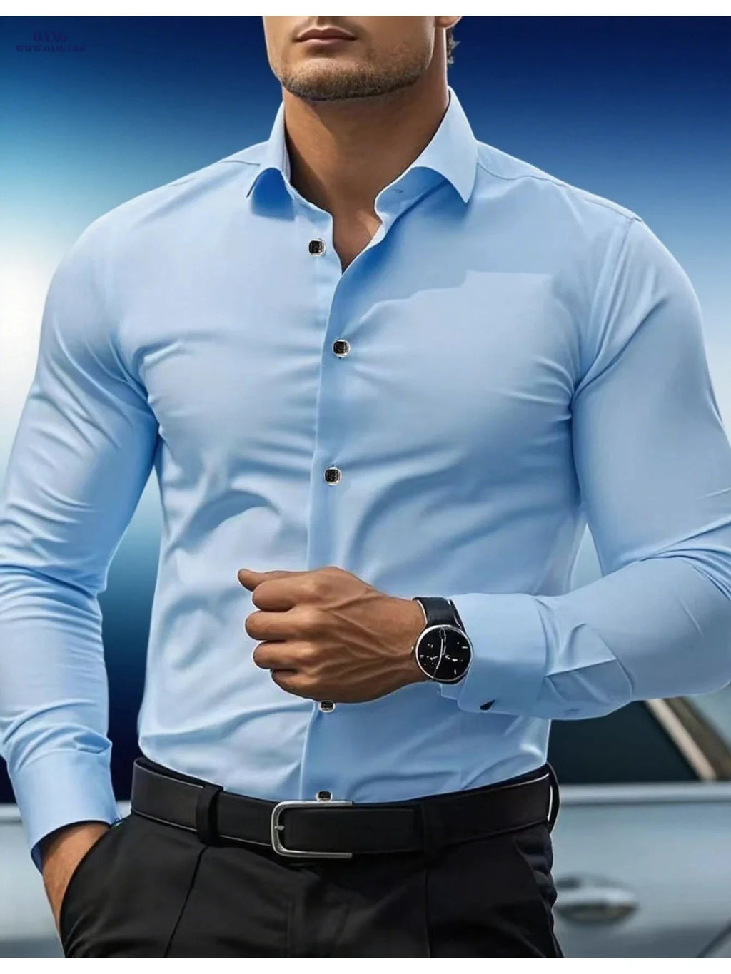 Men's Slim-Fit Black Long Sleeve Shirt - Elegant Geometric Pattern   OAXG Sky Blue / FR S