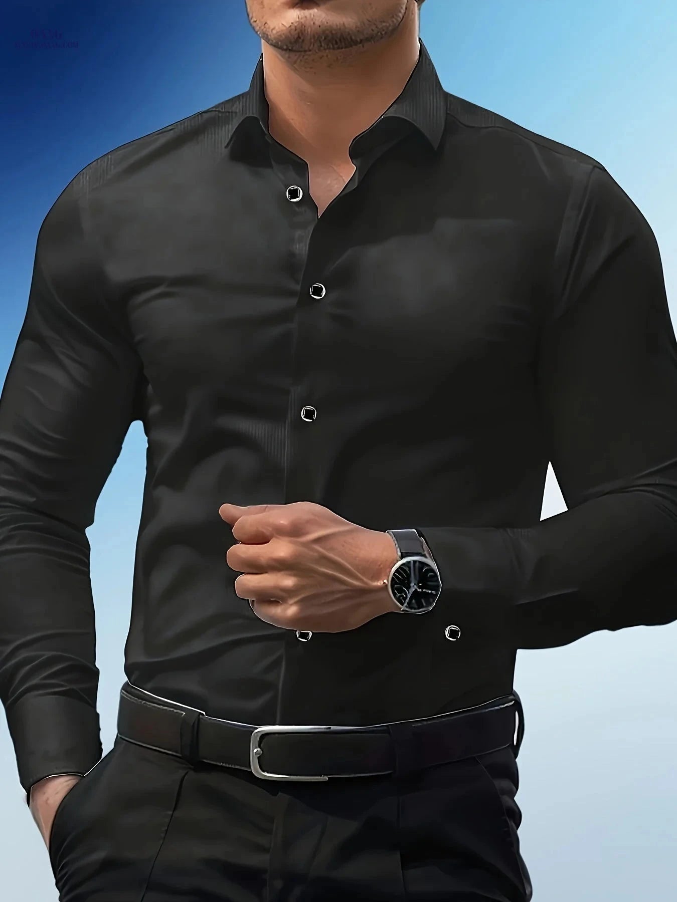 Men's Slim Fit Black Long Sleeve Shirt - Elegant Polyester Design   OAXG Sky Blue / FR M