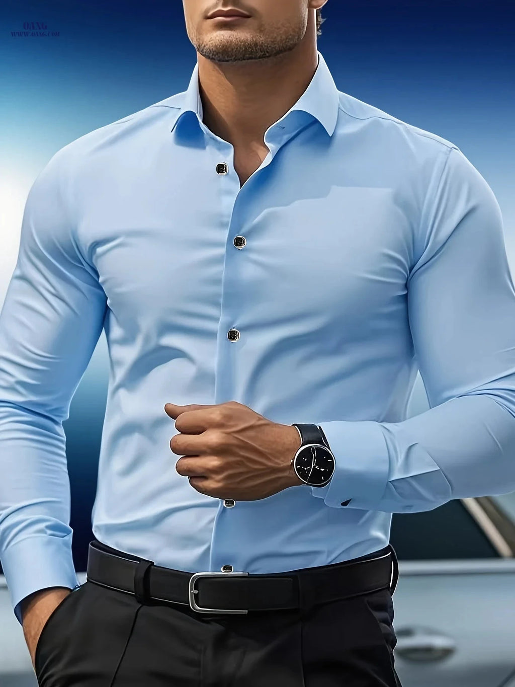 Men's Slim Fit Black Long Sleeve Shirt - Elegant Polyester Design   OAXG Sky Blue / FR M