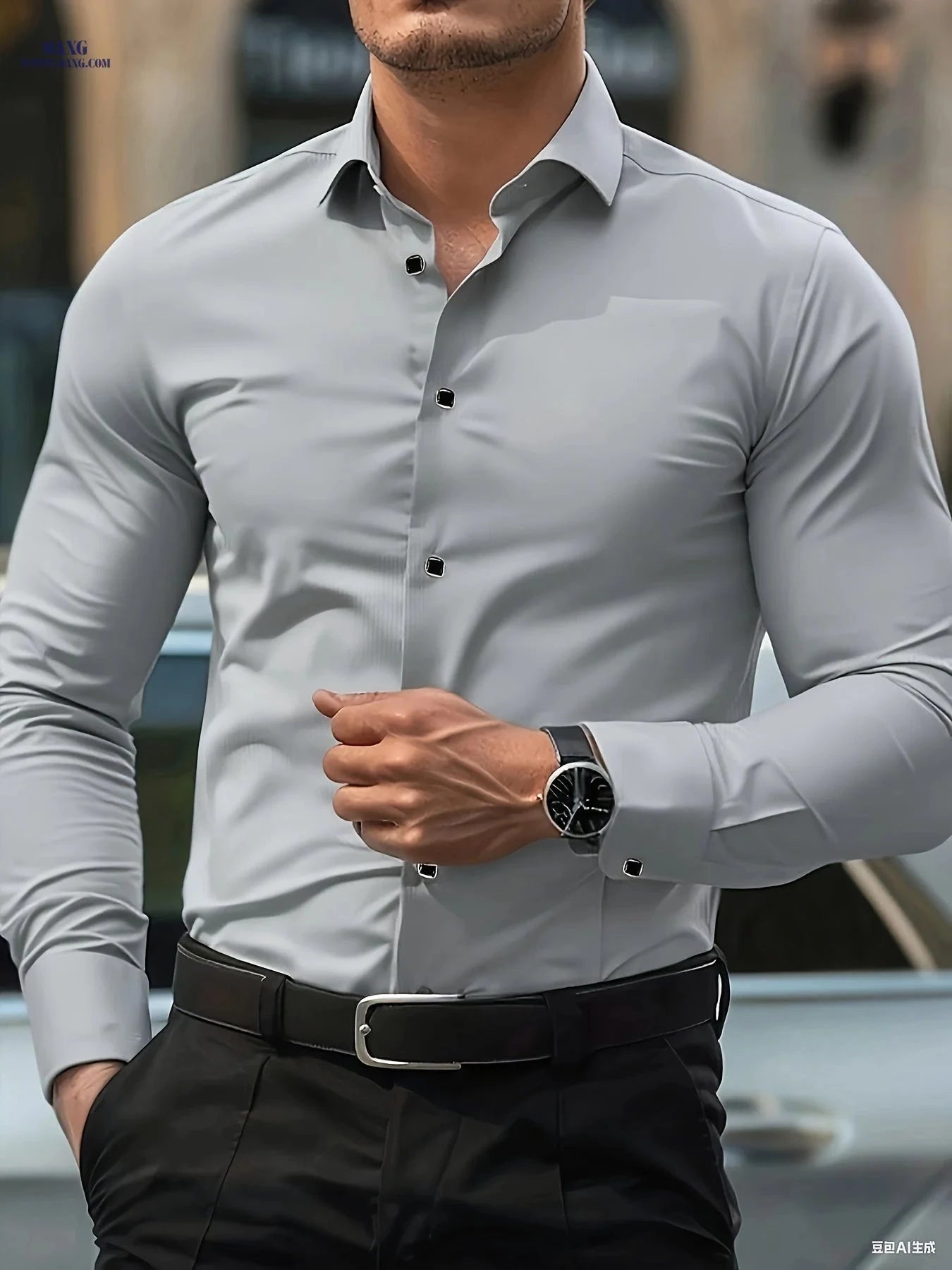 Men's Slim Fit Black Long Sleeve Shirt - Geometric Pattern, Elegant Style   OAXG 