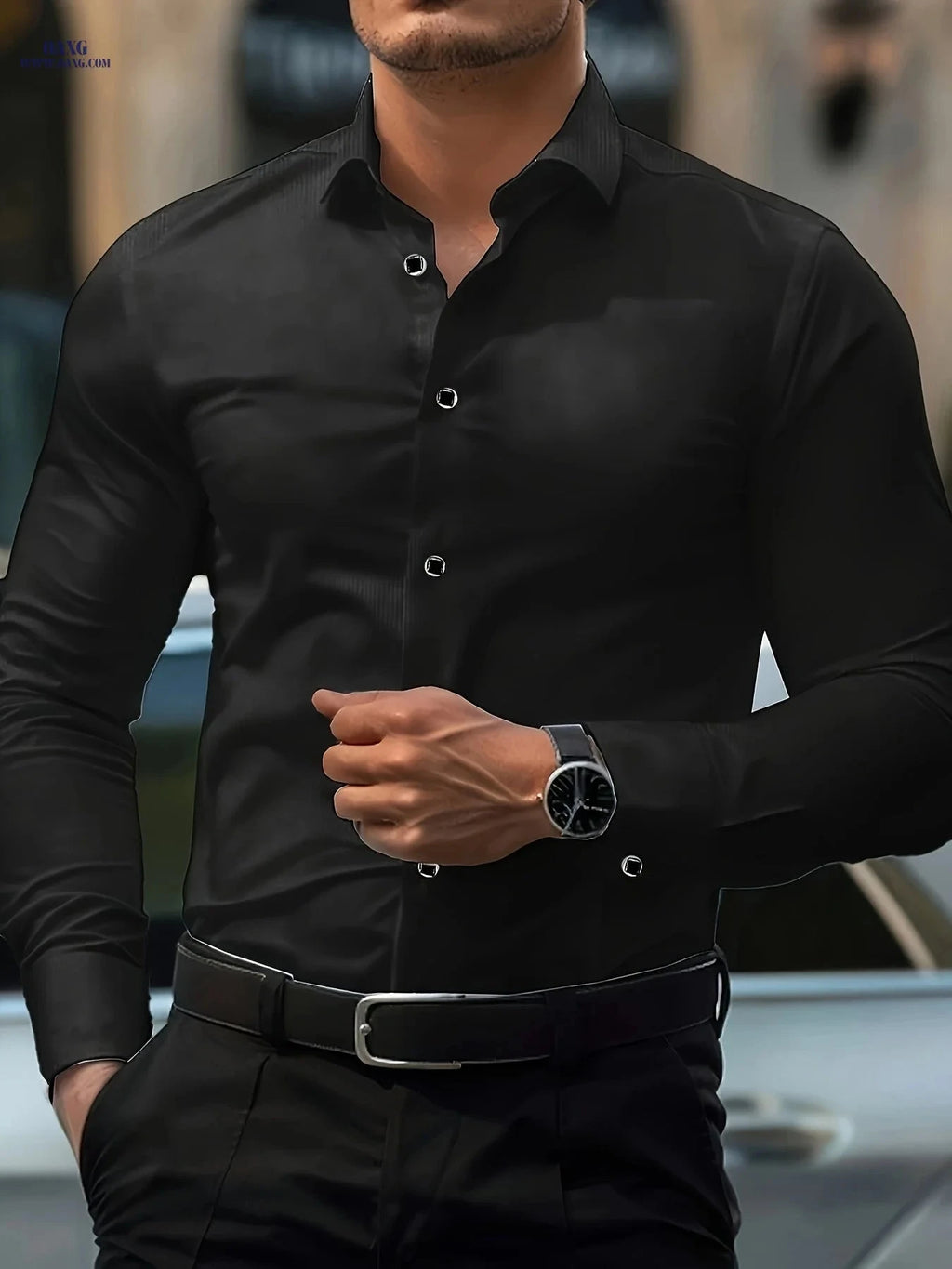 Men's Slim Fit Black Long Sleeve Shirt - Geometric Pattern, Elegant Style   OAXG 