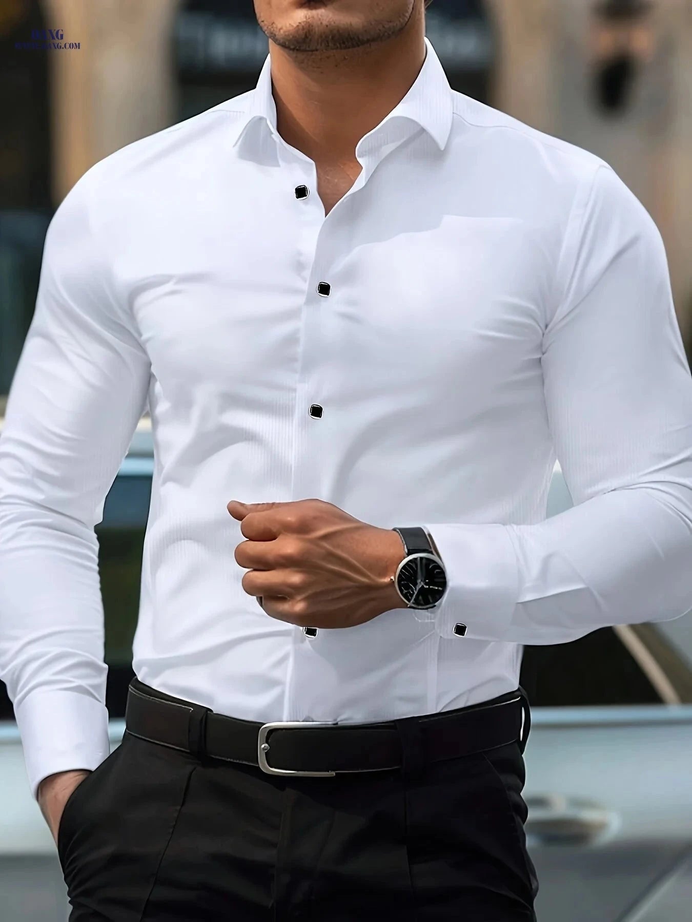 Men's Slim Fit Black Long Sleeve Shirt - Geometric Pattern, Elegant Style   OAXG 