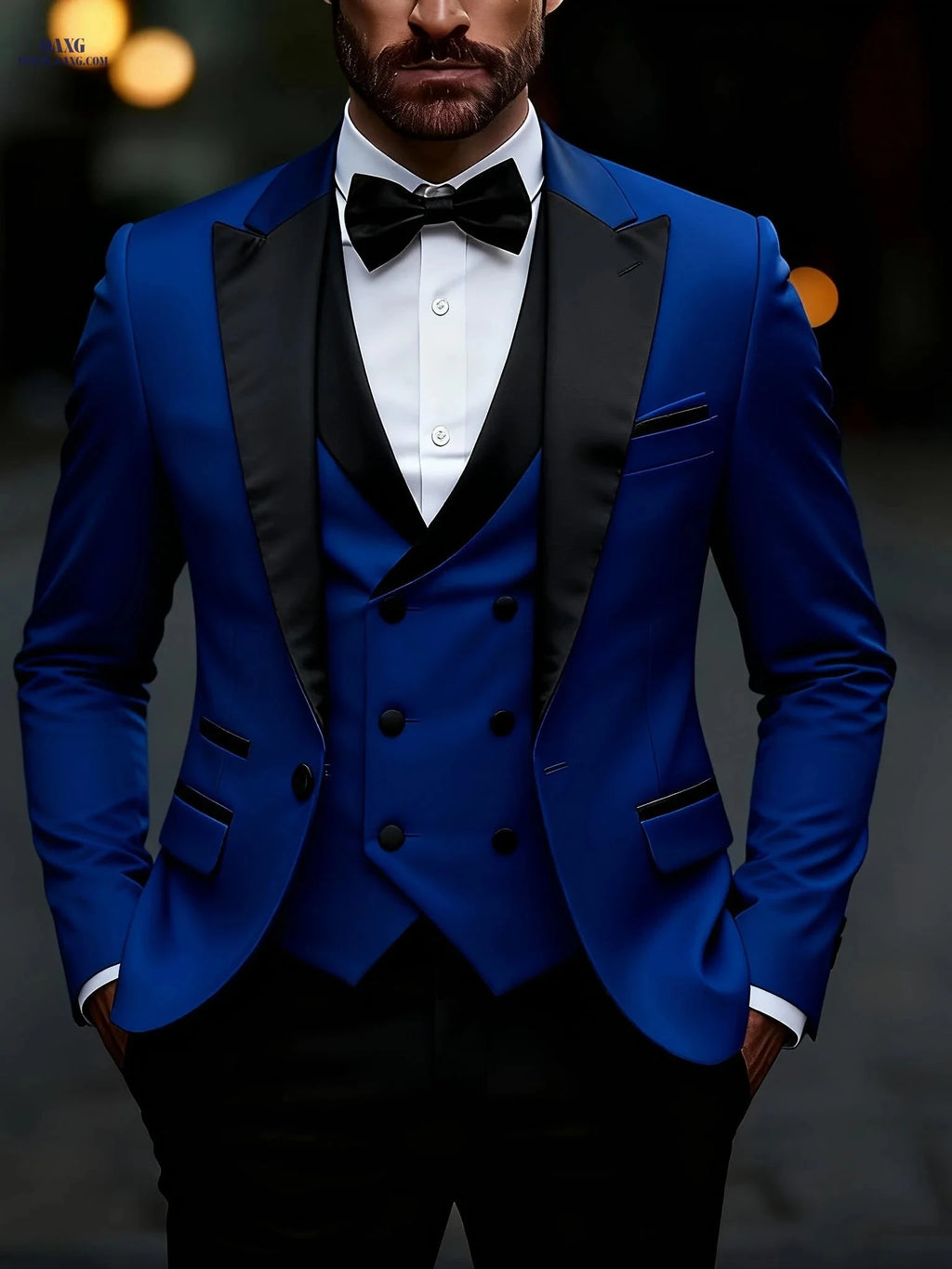 Men’s Slim Fit Business Casual Suit Set - Peak Lapels, Solid Color   OAXG Royal Blue / FR XS
