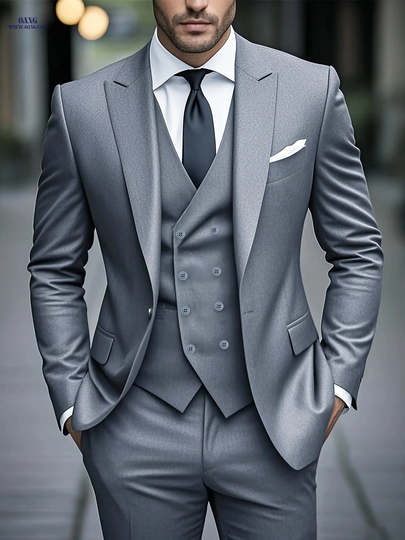 Men's Slim Fit Business Suit Set - Jacket, Vest & Pants for Weddings   OAXG 