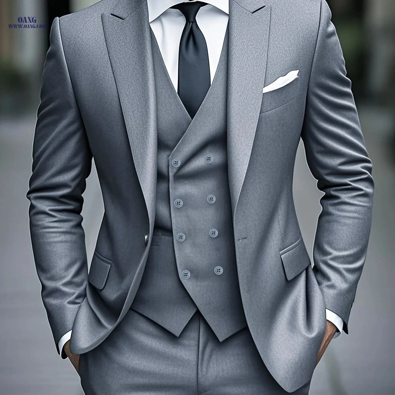 Men's Slim Fit Business Suit Set - Jacket, Vest & Pants for Weddings   OAXG Slate Grey / FR S