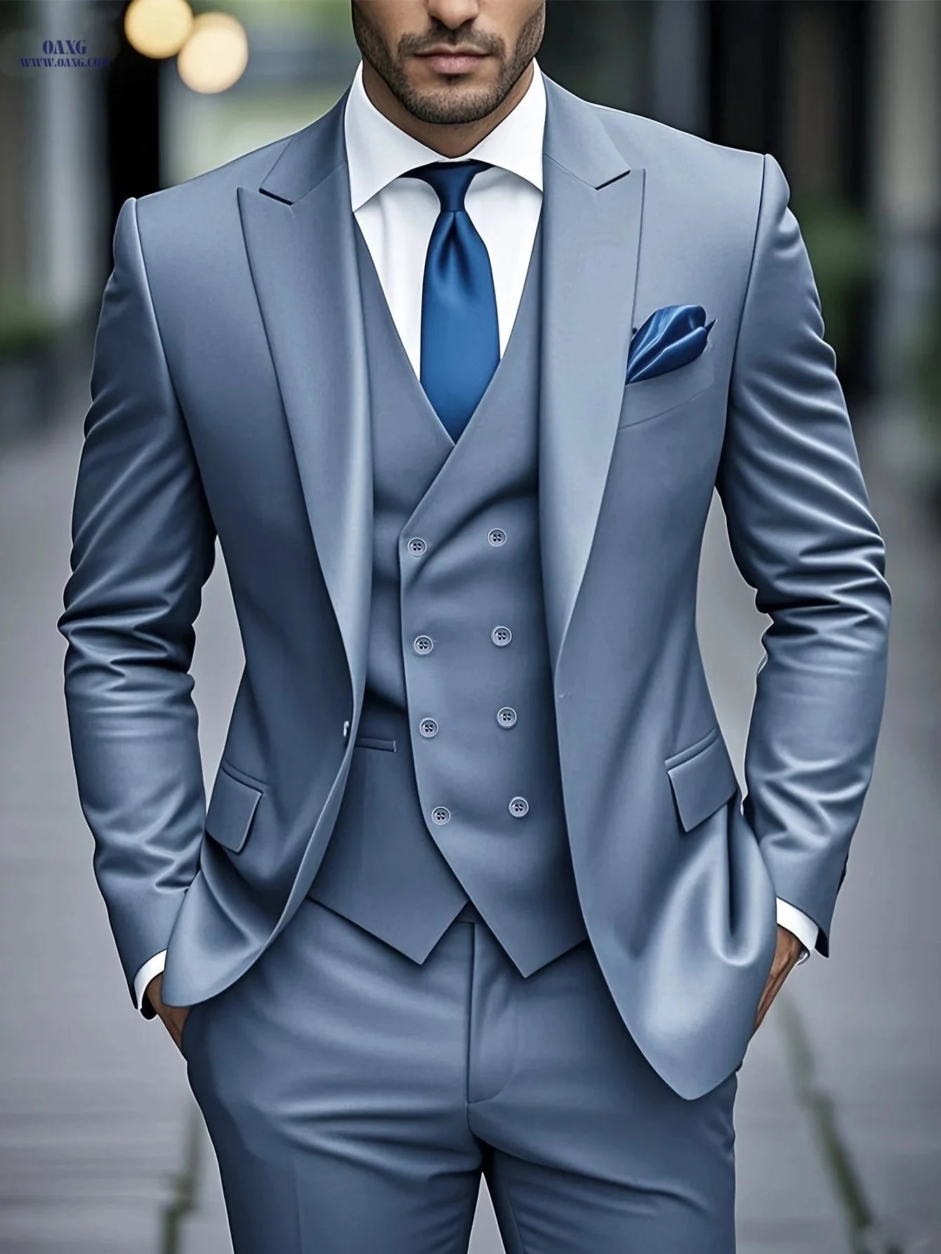 Men's Slim Fit Business Suit Set - Jacket, Vest & Pants for Weddings   OAXG Slate Grey / FR S