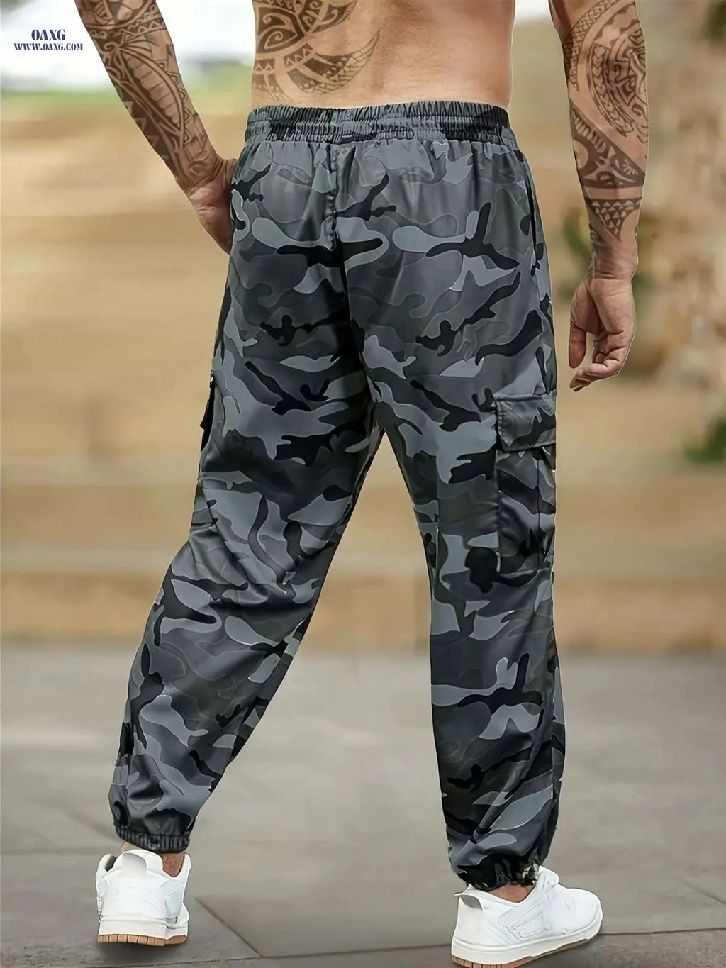 Men's Slim-Fit Camouflage Utility Pants - Adjustable Waist, Multi-Pockets   OAXG 