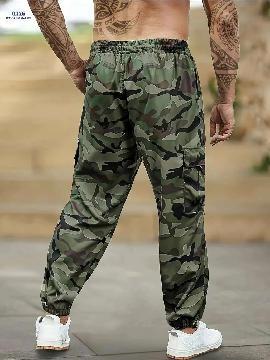 Men's Slim-Fit Camouflage Utility Pants - Adjustable Waist, Multi-Pockets   OAXG 