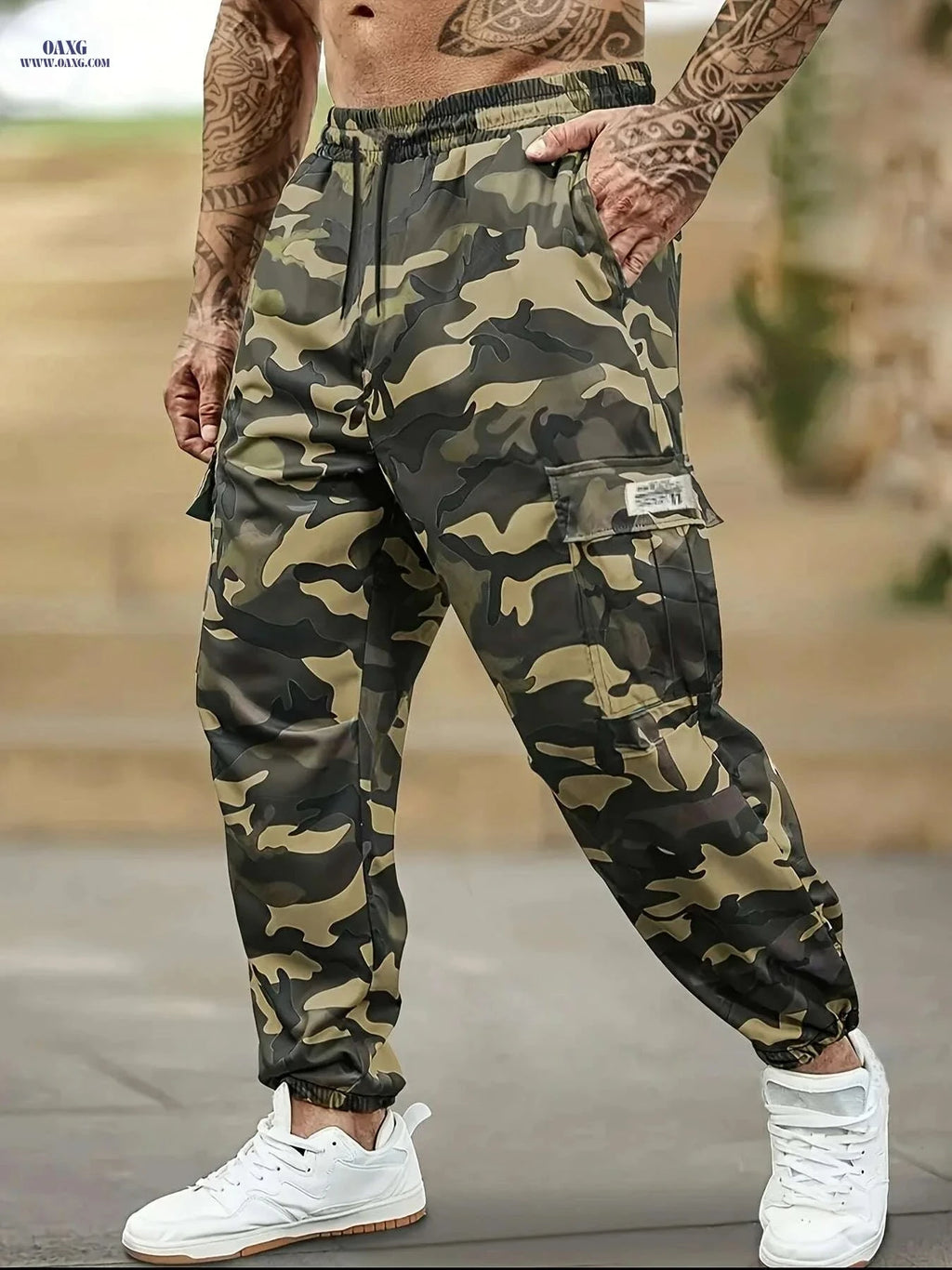 Men's Slim-Fit Camouflage Utility Pants - Adjustable Waist, Multi-Pockets   OAXG Camouflage Khaki / M
